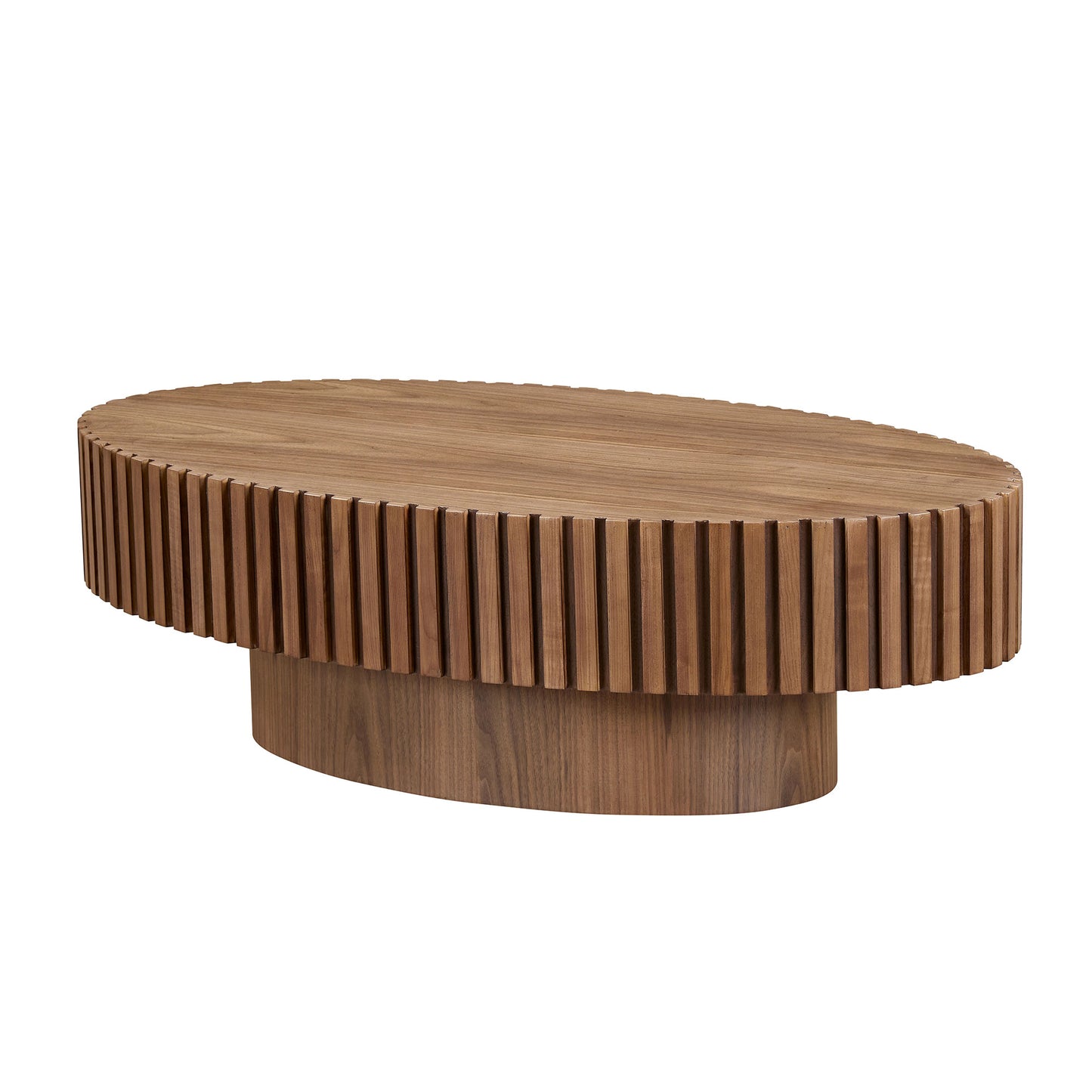 Modern Handcraft Drum Coffee Table Length 43.7 inch Ellipse Coffee Table for Living Room,Oval Small Coffee Table with Sturdy Pedestal,Walnut MDF,W2582P251185 image 2
