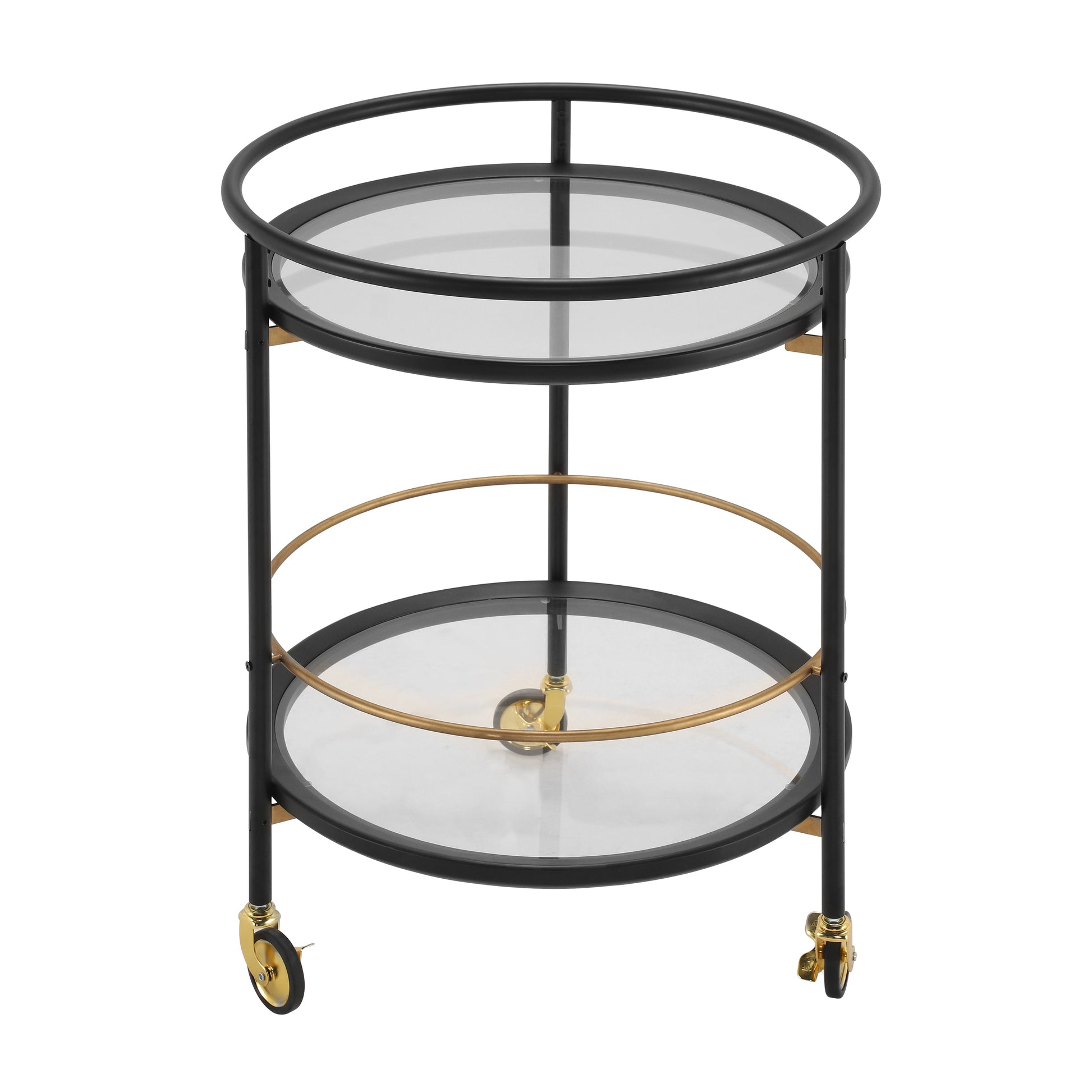 Modern Round Bar Cart with Tempered Glass Shelves and Gold Accents image 2