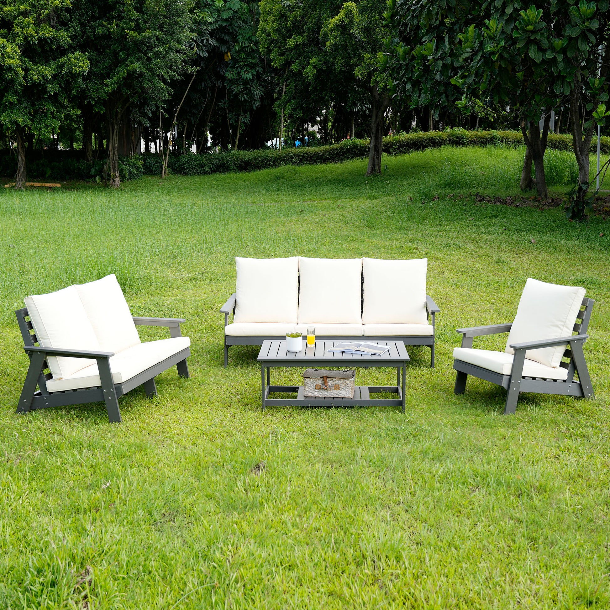 HIPS 3 Seater Sofa with Cushion, Outdoor Garden Sofa, Sofa Set for Porch, Poolside, Terrace, and Yard Grey/Beige image 5