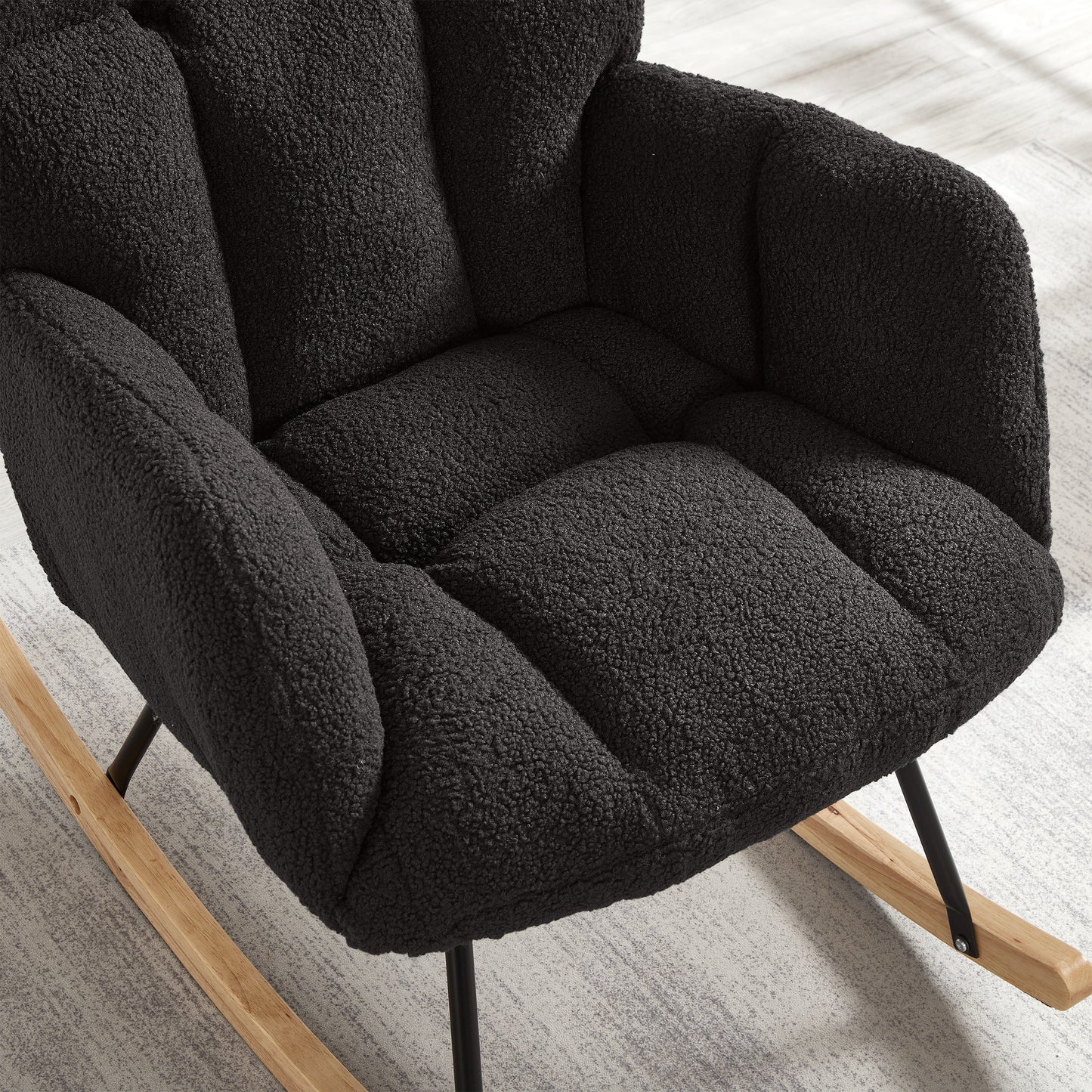 Glider Chair for Living Room Tufted Upholstered Teddy Fabric Rocking Chair with Metal Frame Accent Chair Dark Gray image 6