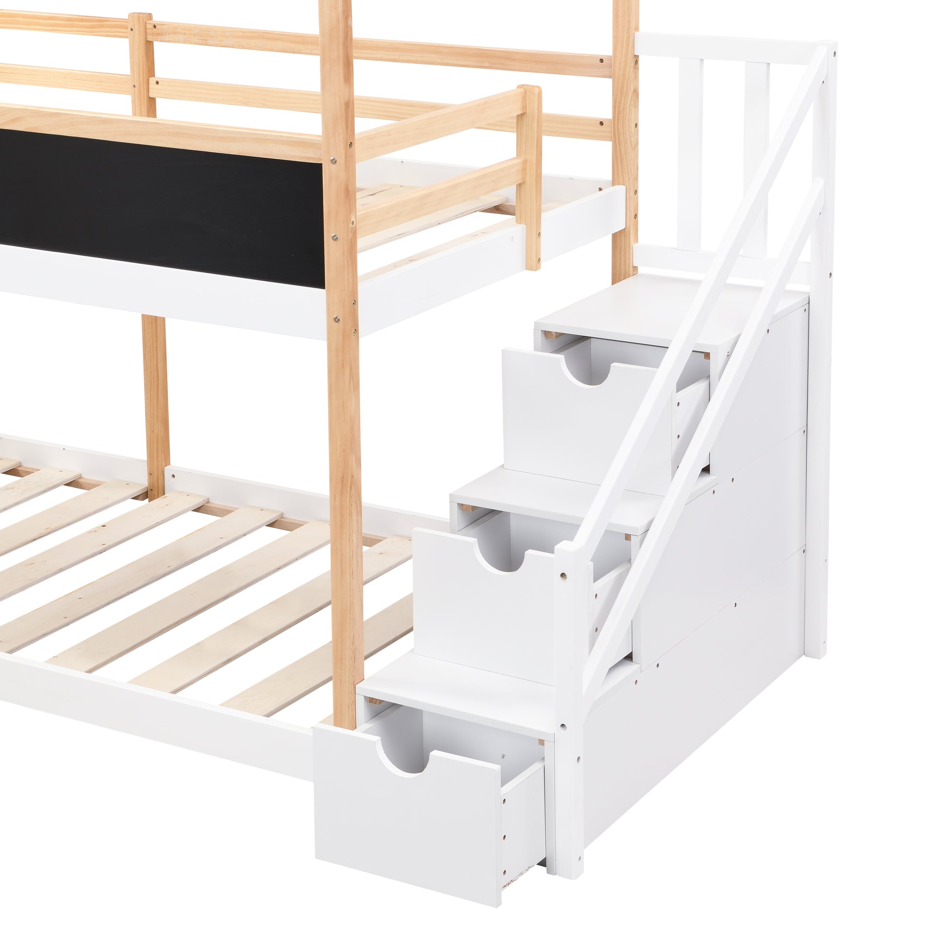 Twin over Twin Bunk Bed House Bed With Roof Windows Blackboard And Storage Ladder Platform Bed,bed Frame image 12