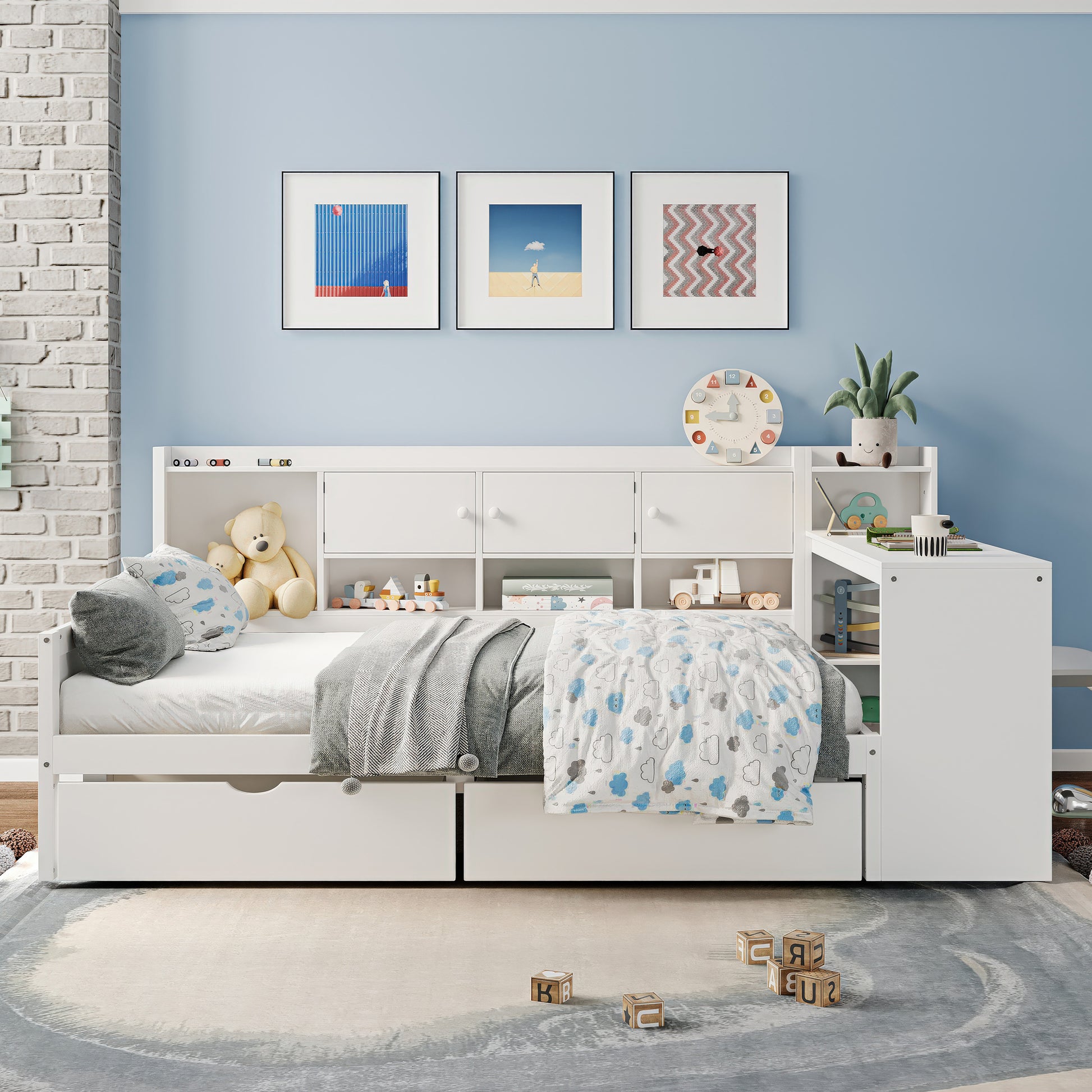 Full Size Wooden L-Shape Daybed with Seven Storage Cabinets and Two Storage Drawers, Multi-functional Bed with Study Desk and Built-in Bookshelf, White(old SKU: N733S247077K) image 1
