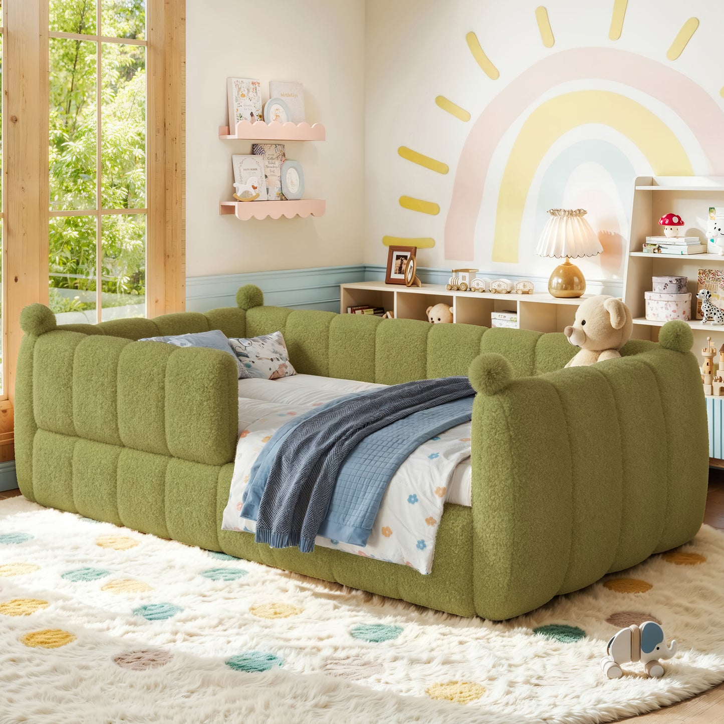 Twin Size Kids Soft Upholstered Floor Bed, Montessori Floor Bed with Full Surround Safety Rails, Low to Ground Child Bed Frame for Boys Girls, Green image 1