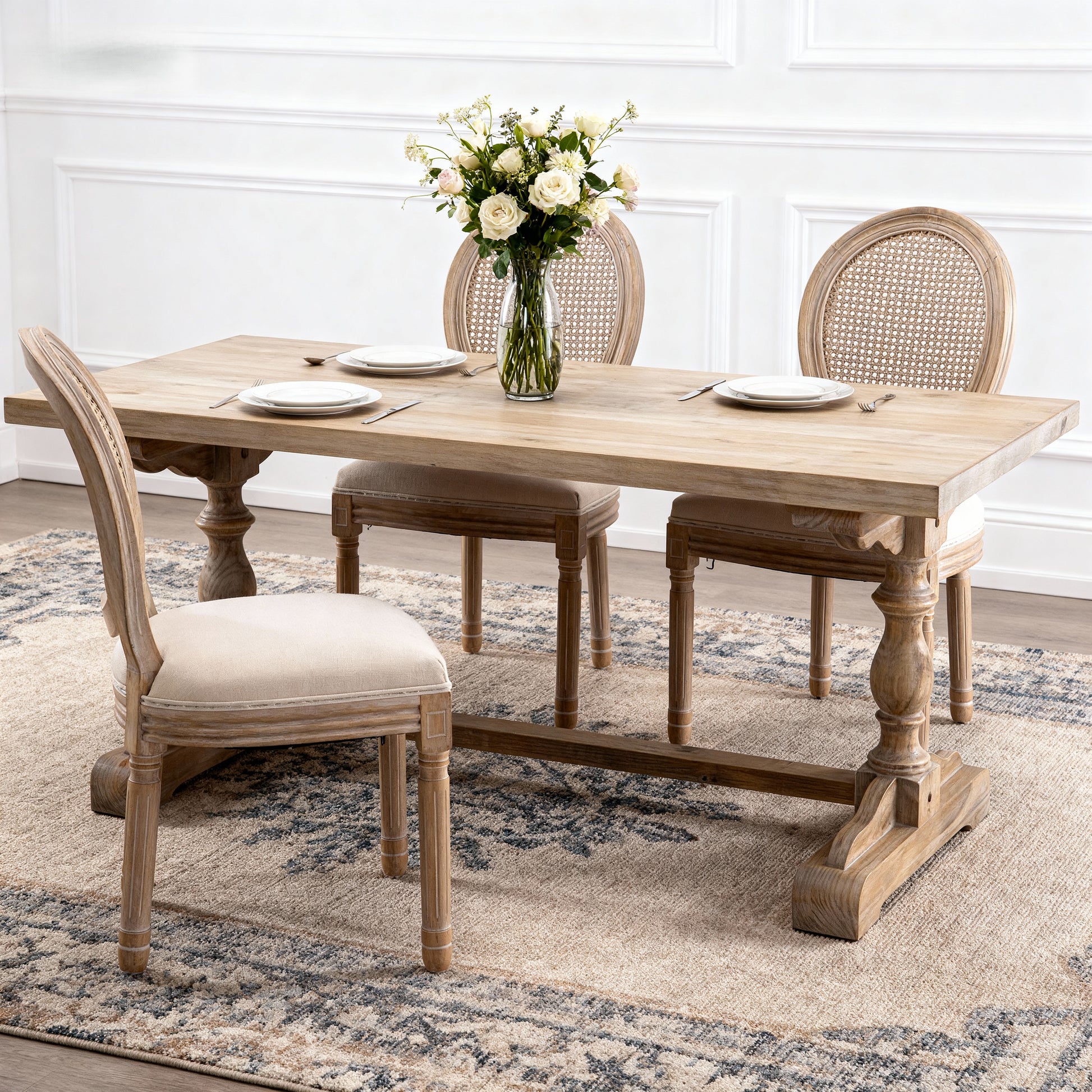 French Style Solid Wood Frame Linen Fabric Rattan Back Dining Chair,Set of 2, Beige image 4