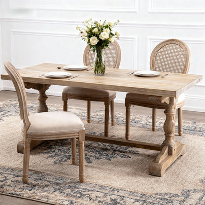 French Style Solid Wood Frame Linen Fabric Rattan Back Dining Chair,Set of 2, Beige image 4