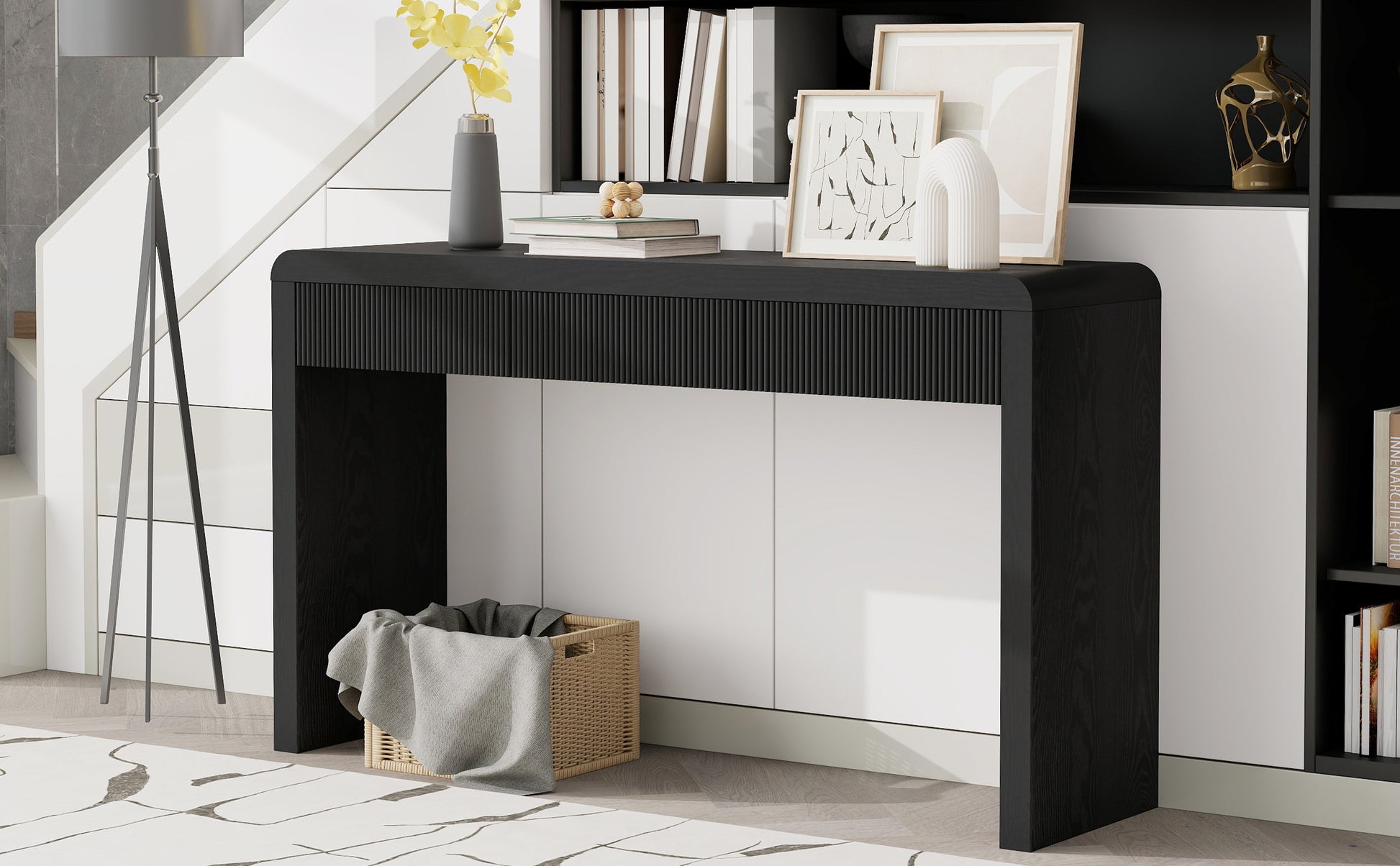 TREXM Rustic Console Table with 3 Fluted Drawers - Solid Wood Veneer Entryway Table Featuring Natural Wood Grain for Living Room, Hallway (Black) image 9