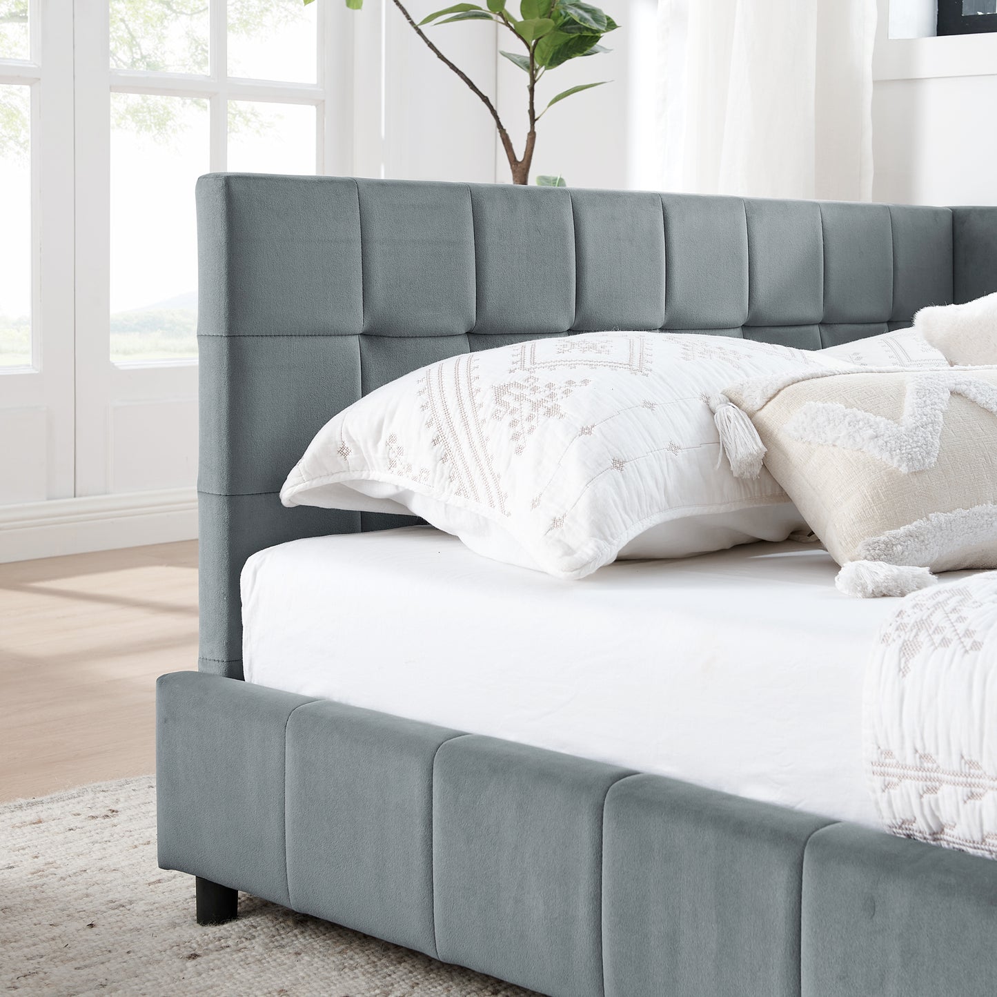 Queen Size Upholstered Tufted Bed Frame, Sofa Bed Frame with Comfortable Backrest and Armrests, Queen Size Bed for Bedroom, Living Room,Velvet, GREY(85.5''*64.5''*30.5'') image 5