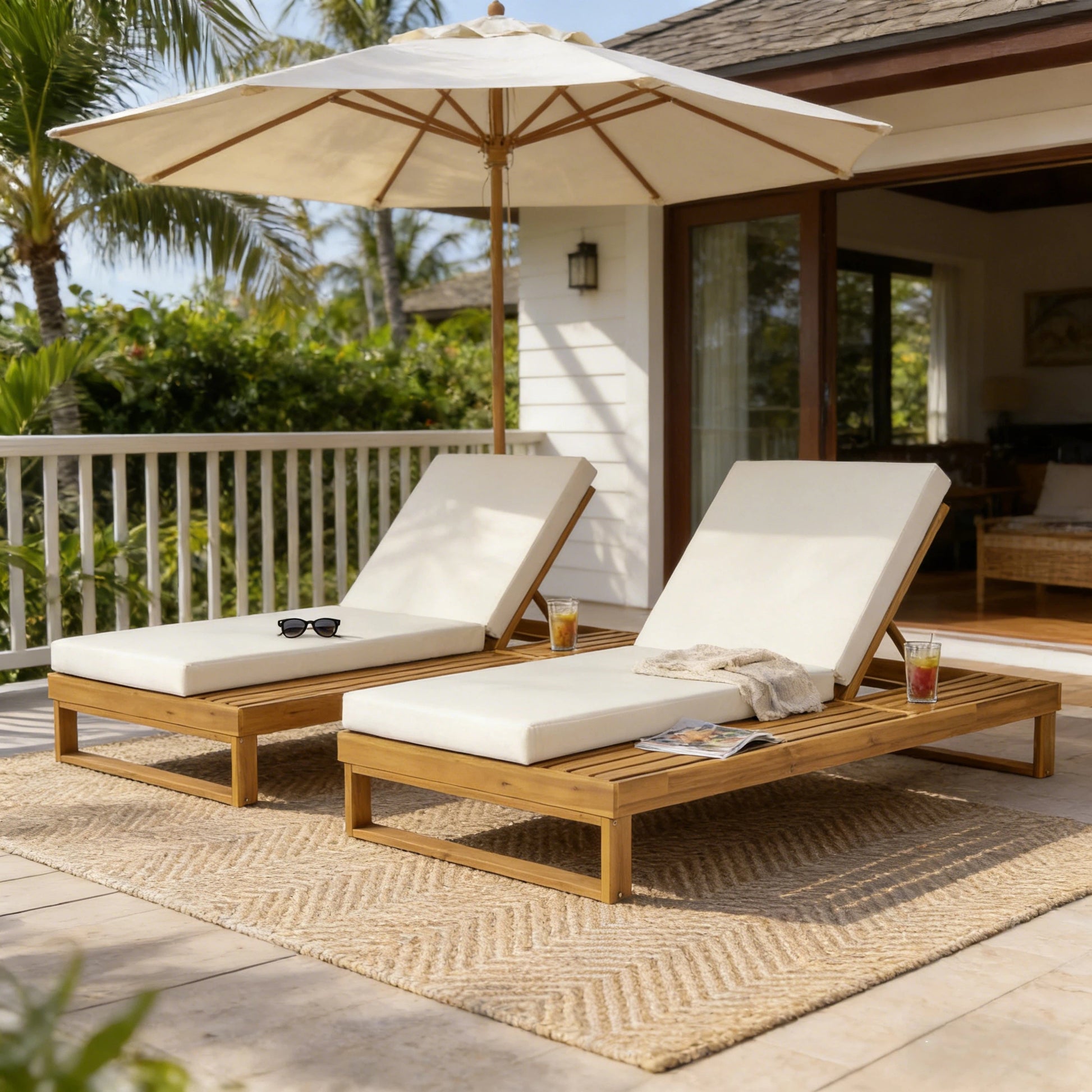 Teak Finish Acacia Wood Chaise Lounge with 4-Inch Cream 2-Fold Cushion Set, 4-Position Adjustable Outdoor Patio Lounger with Flat Side Surface, for Poolside - Matching dark grey version available image 8