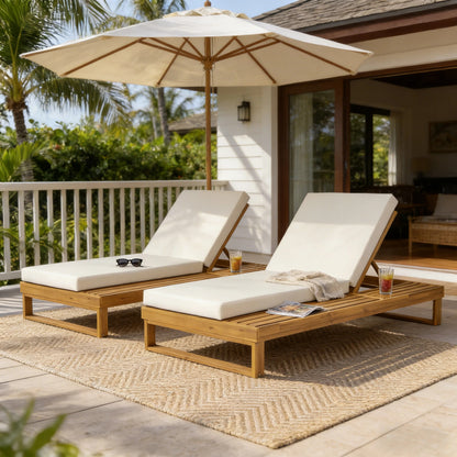 Teak Finish Acacia Wood Chaise Lounge with 4-Inch Cream 2-Fold Cushion Set, 4-Position Adjustable Outdoor Patio Lounger with Flat Side Surface, for Poolside - Matching dark grey version available image 8