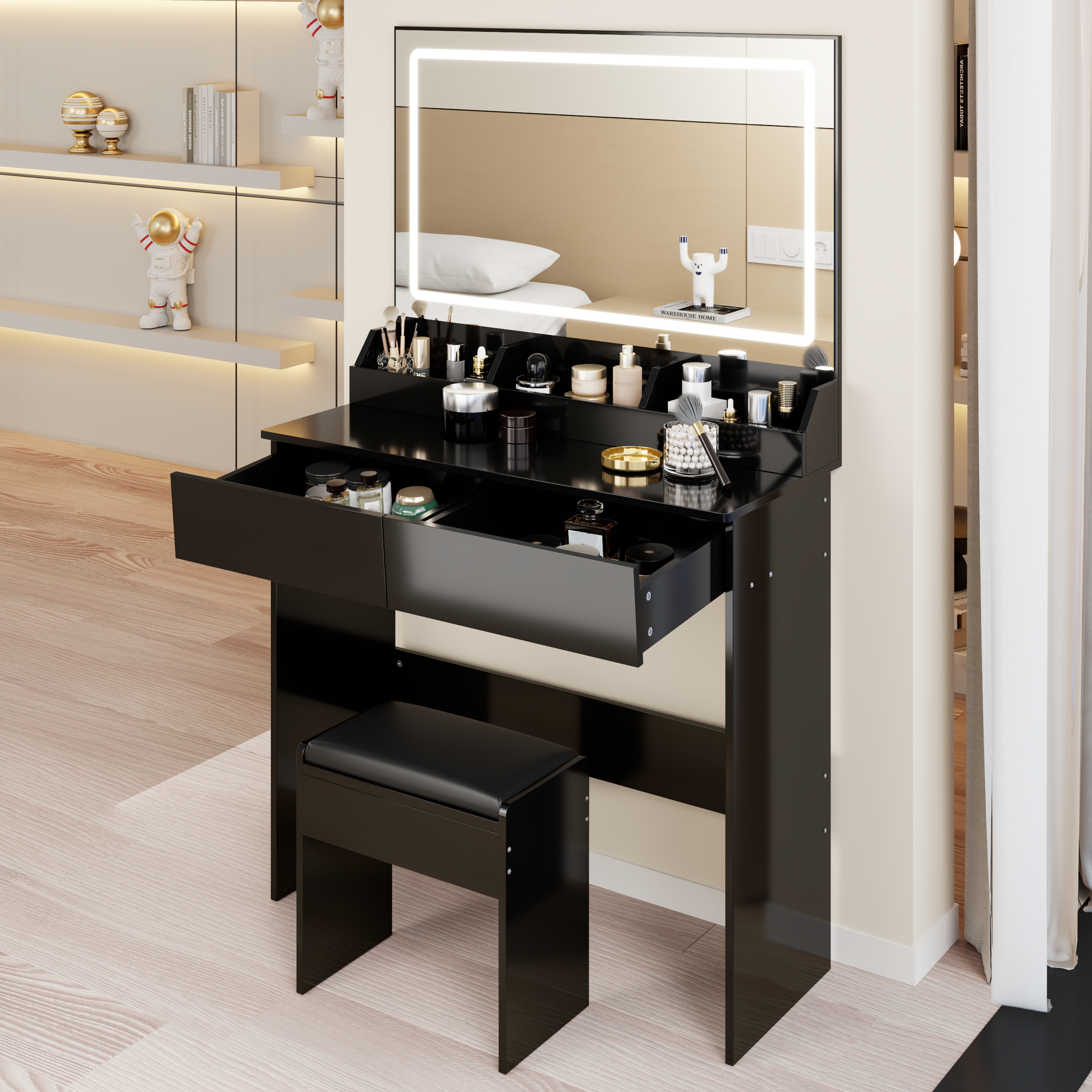31" x 20" Extra Large LED Mirror Makeup Vanity Table + Soft Cushion Stool Suit, Touch Switch, 3 colors, Adjustable Brightness, Large Capacity Storage, Compact Dressing Table Suitable For Small Space image 1