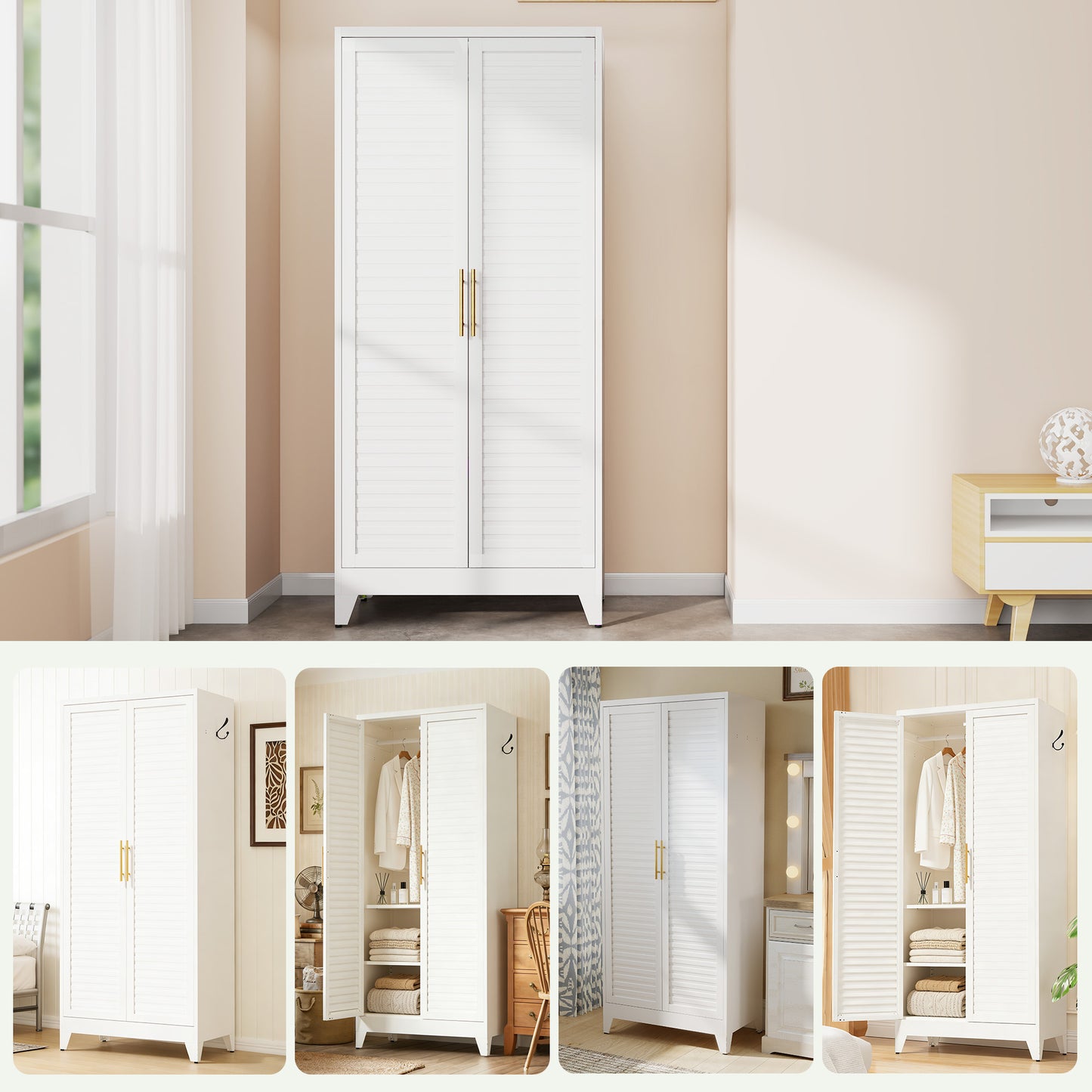 White Metal Wardrobe Closet with 2 Doors, 71″ Tall Portable Storage Cabinet for Bedroom, Lightweight Closet for Small Apartments, Dorm, Renters, Cold Rolled Steel, Easy Assembly image 9