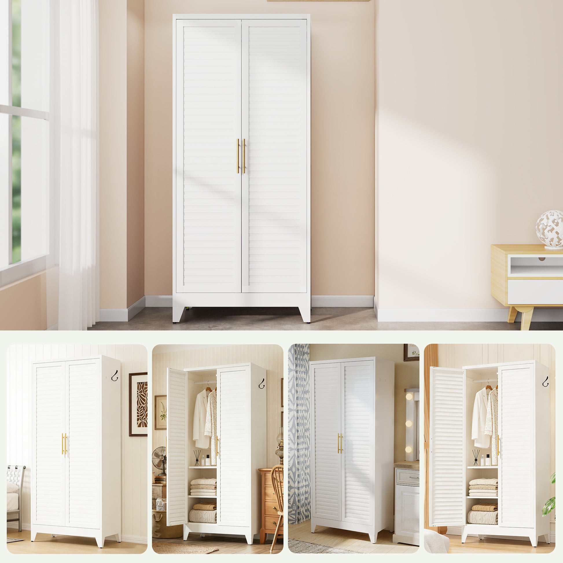 White Metal Wardrobe Closet with 2 Doors, 71″ Tall Portable Storage Cabinet for Bedroom, Lightweight Closet for Small Apartments, Dorm, Renters, Cold Rolled Steel, Easy Assembly image 9