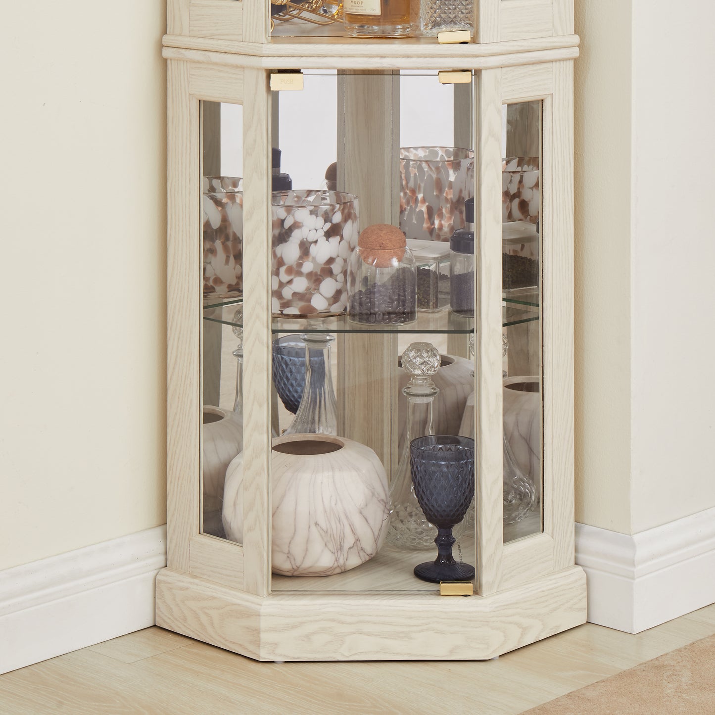 Corner Glass Cabinet Lighted Curio Cabinet Corner Display Case for Living Room, Curio Cabinet, Antique collection, Wine,Bar Glass Storage Light Included, Antique White image 5