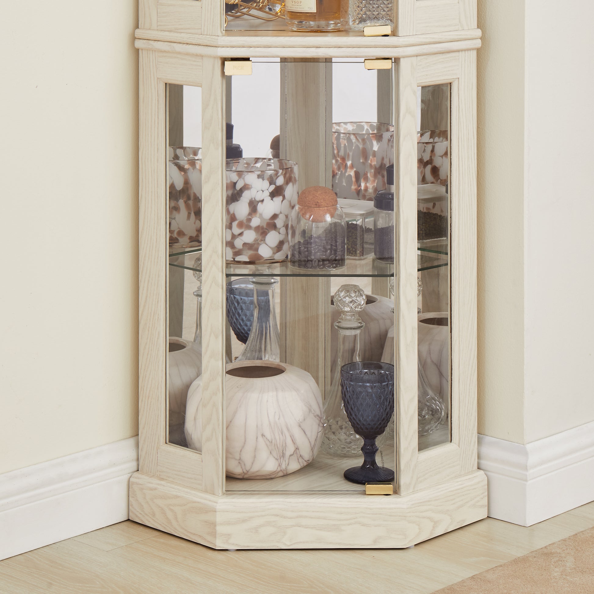Corner Glass Cabinet Lighted Curio Cabinet Corner Display Case for Living Room, Curio Cabinet, Antique collection, Wine,Bar Glass Storage Light Included, Antique White image 5