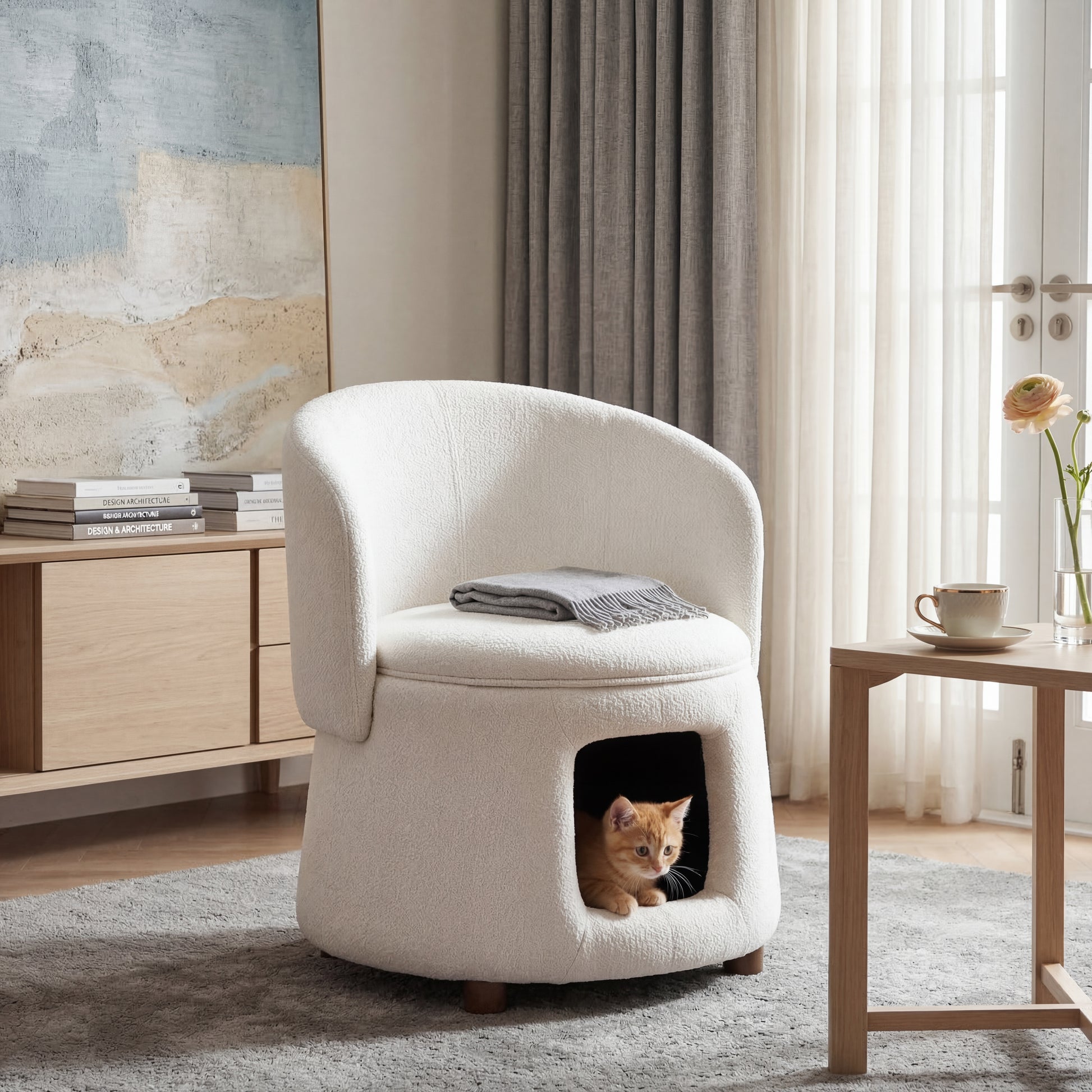 Beige Pet Friendly Chair with Hidden Pet Nook, Convertible Stool, Storage Seat, 220lbs Capacity, Acacia Wood Legs image 3