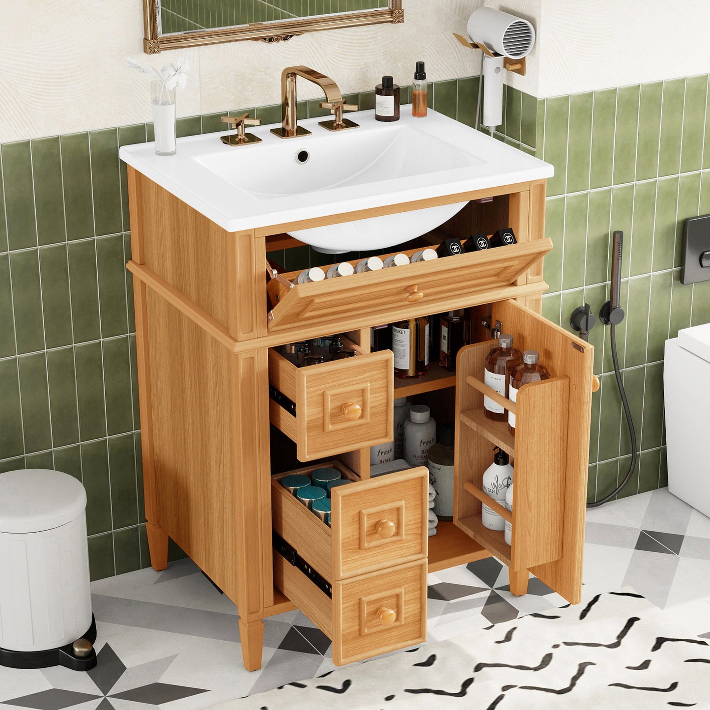 24" Bathroom Vanity with Sink, Wood Vanity Cabinet with Flip-Out Drawer, 2 Soft-Close Drawers, 1 Soft-Close Door, Solid Wood & MDF, Elegant Wood Handles image 8
