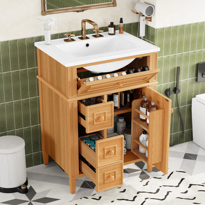 24" Bathroom Vanity with Sink, Wood Vanity Cabinet with Flip-Out Drawer, 2 Soft-Close Drawers, 1 Soft-Close Door, Solid Wood & MDF, Elegant Wood Handles image 8