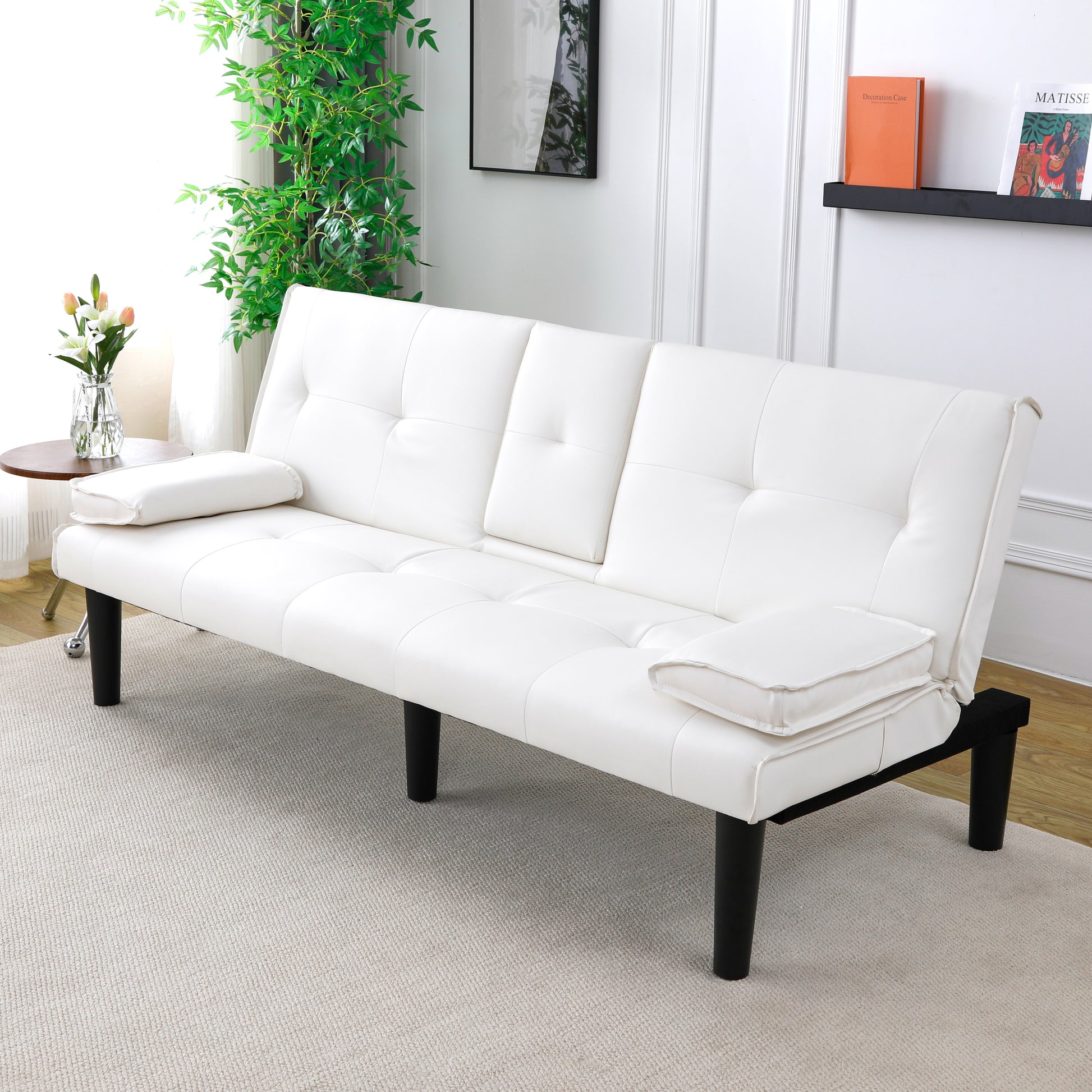 The 67-inch white PVC multi-functional sofa bed, with a foldable and cup holder design, makes it extremely convenient to turn the living room into a guest room image 7