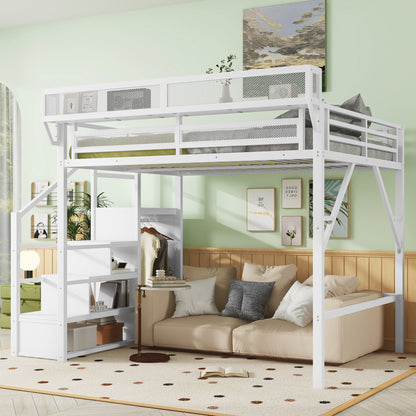 Queen Size Loft Bed with Stairs, Metal Queen Loft Bed with Storage Shelves, High Loft Bed with Wardrobe for Kids Teens, White, Patent Products image 2