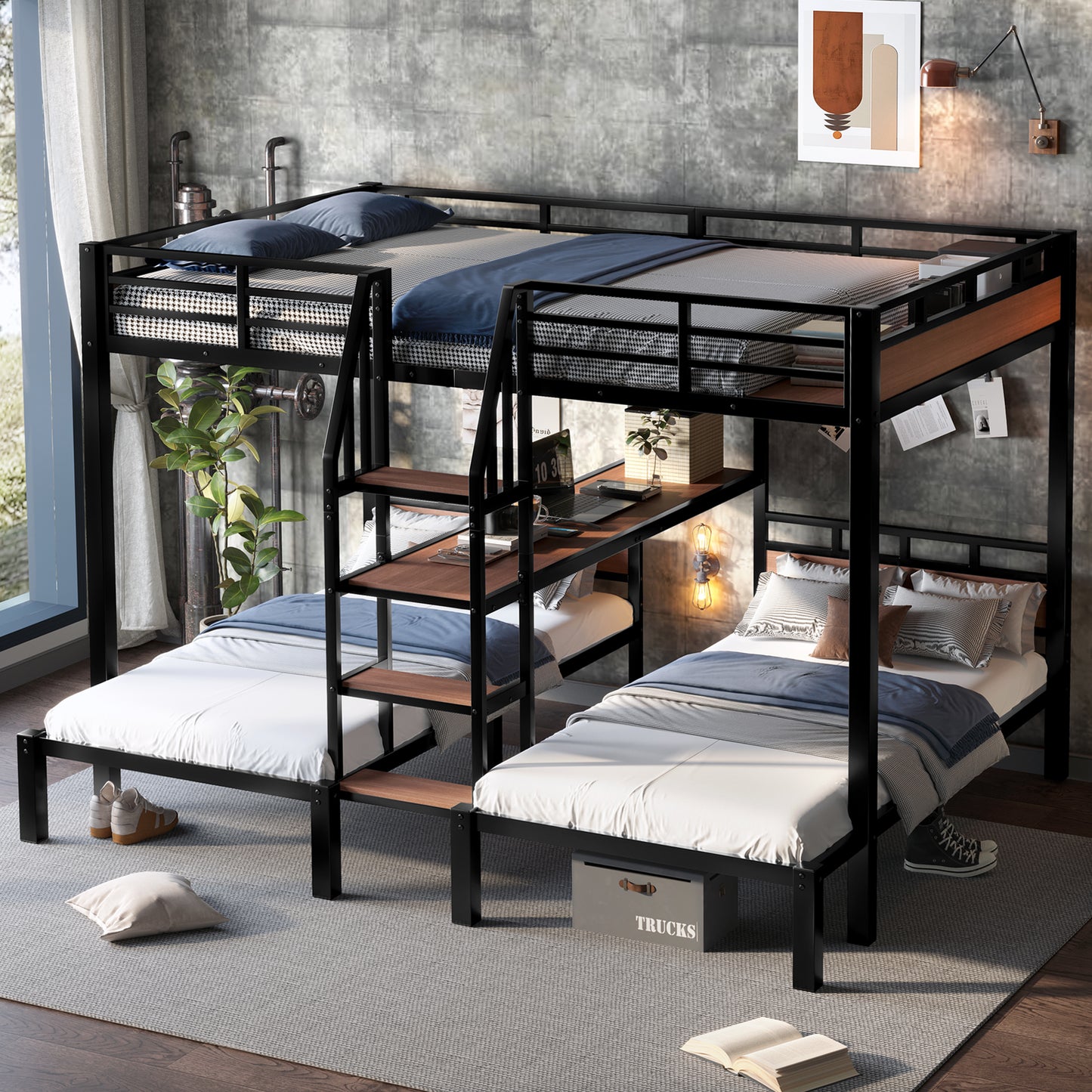 Queen over Twin over Twin Metal Bunk Bed,triple metal bunk bed with Storage shelves and storage stairs,Black image 1