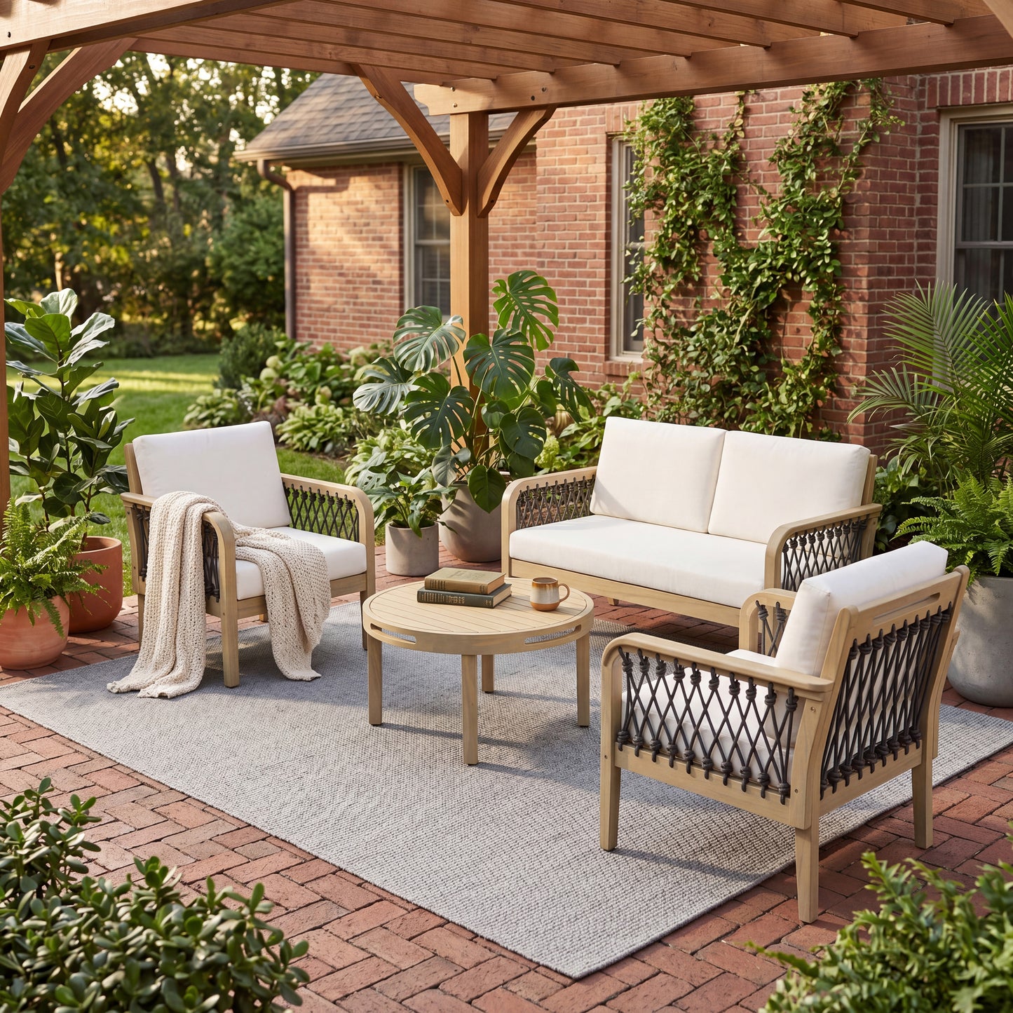 4-Piece Acacia Wood Outdoor Patio Furniture Set, All-Weather Conversation Sofa Set with Rope Woven Armrests, Removable Cushions for Backyard Garden,Light teak+Dark grey rope+Cream cushion image 2