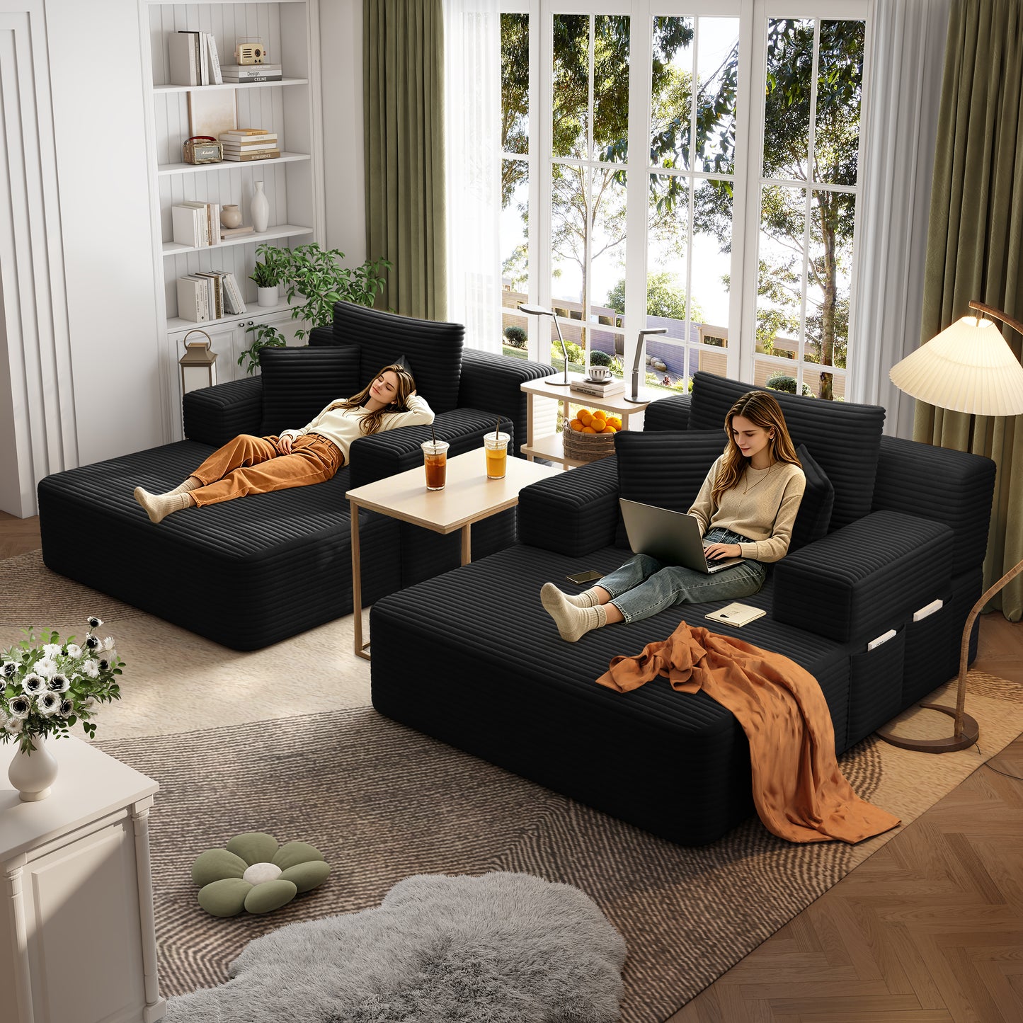 Oversized Double Chaise Lounge 2-Piece Set, Luxurious Plush Corduroy Convertible Sofa Bed with 6 Pillows and Storage Pocket, for Small Spaces,Home Theater, Living Room, Black image 11