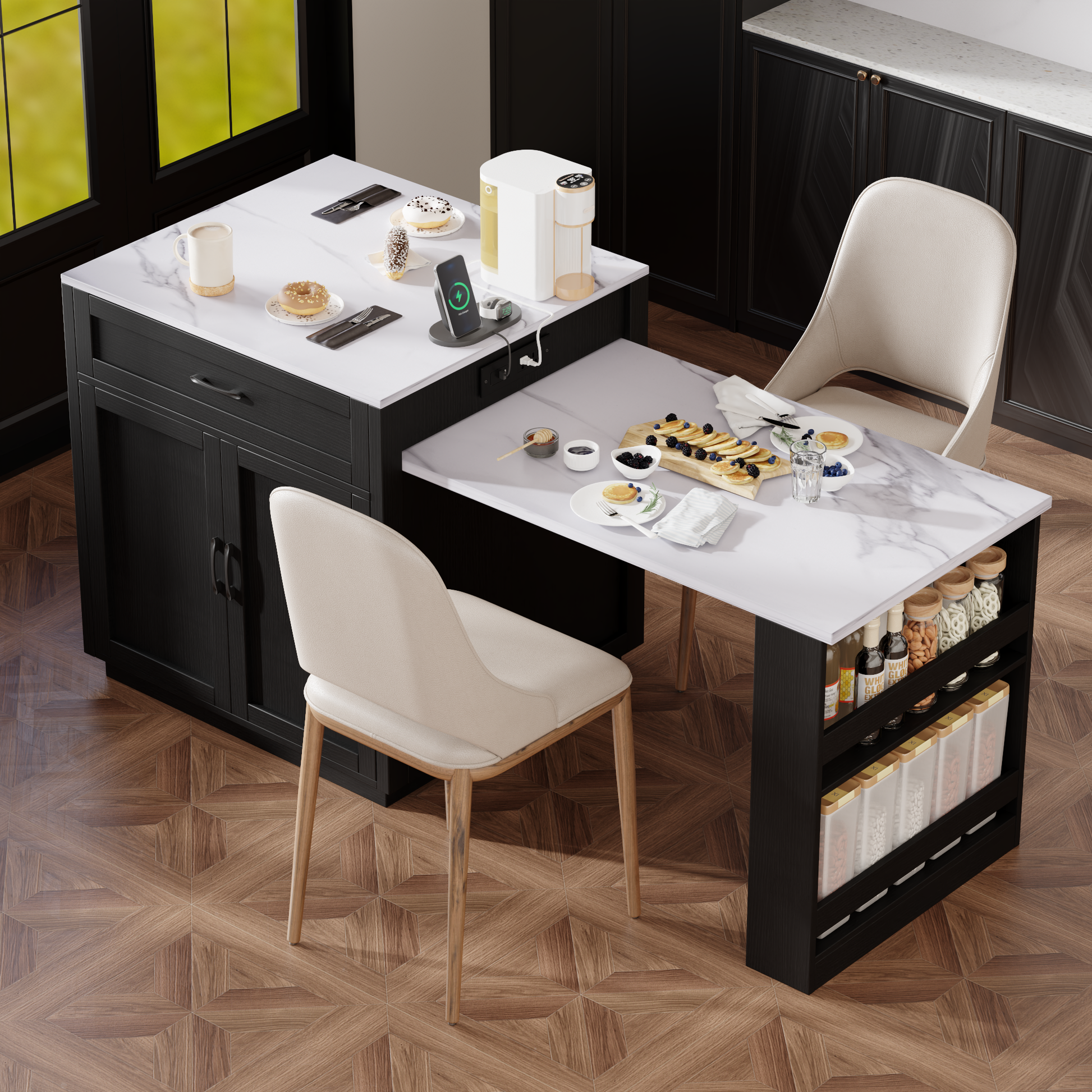 K&K 82.7 inch Kitchen Island with Extendable Dining Table for 4-6 Person,Faux Mable Kitchen Table with Double-sized Storage,Power Outlet,Kitchen island with Storage 2 Drawers 2 Side Open Shelves,Black image 12