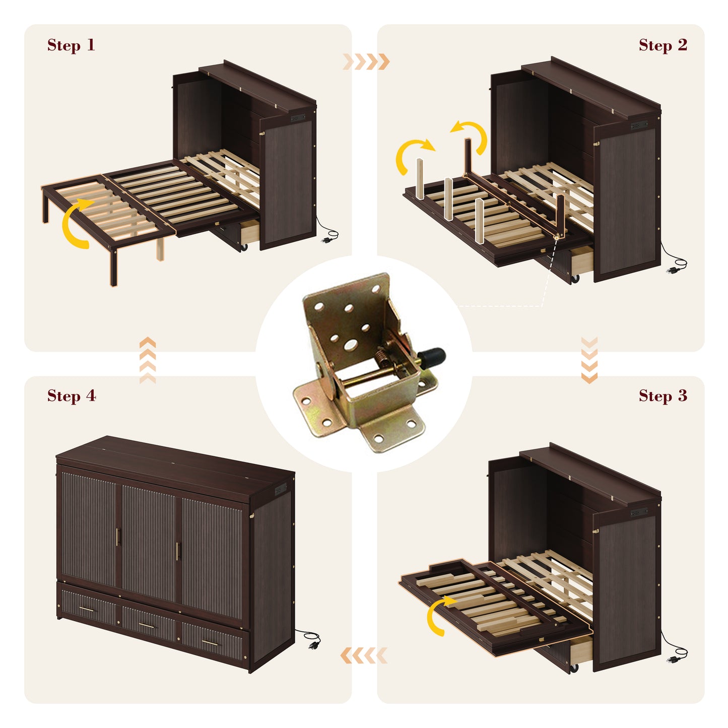 Multifunctional Murphy Bed Cabinet with USB Charging Station, Queen Size Vertical Foldaway Bed with Drawers, Space Saving Hidden Wall Bed with Safety Lock & Anti-Tip Device, Coffee. image 9