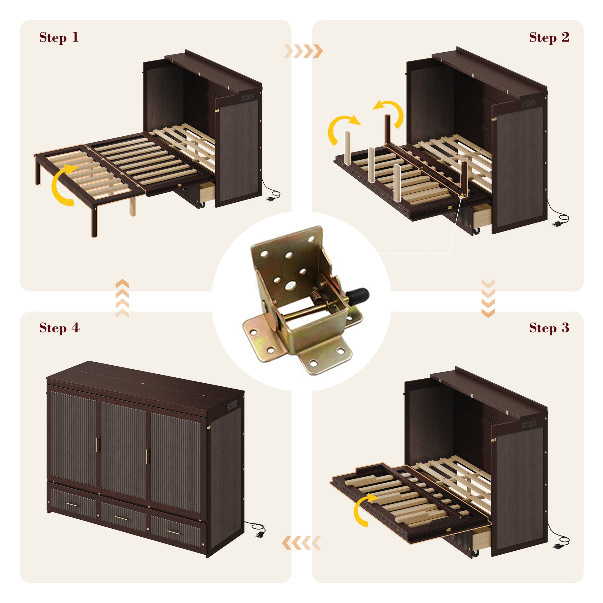 Multifunctional Murphy Bed Cabinet with USB Charging Station, Queen Size Vertical Foldaway Bed with Drawers, Space Saving Hidden Wall Bed with Safety Lock & Anti-Tip Device, Coffee. image 9