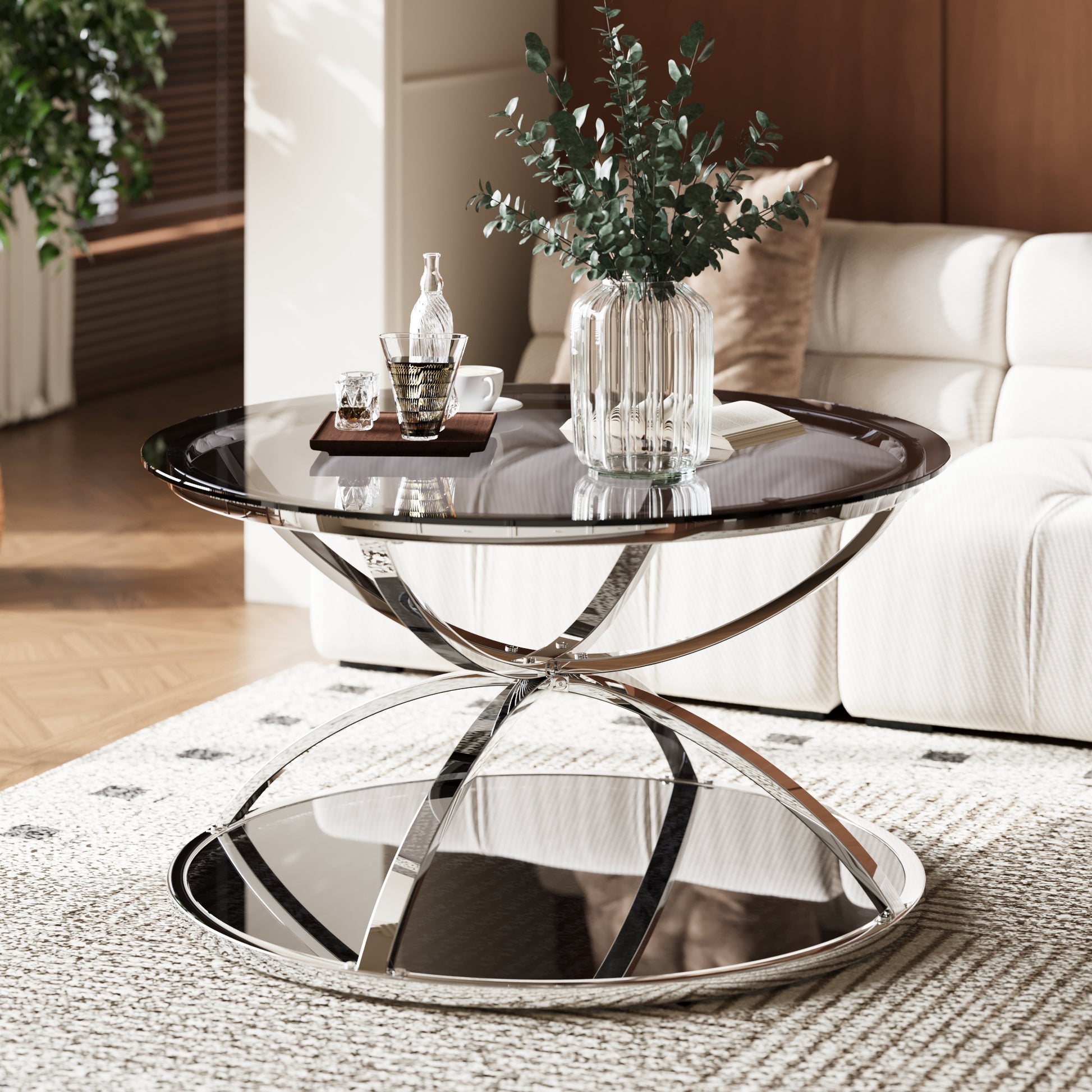 31.50'' Modern Glass Coffee Table with 2 Tiers, Ring-Shaped Frames, Chrome Finish and Gray Tempered Glass, Round Coffee Table for Living Room, Bedroom and Office, Silver image 1