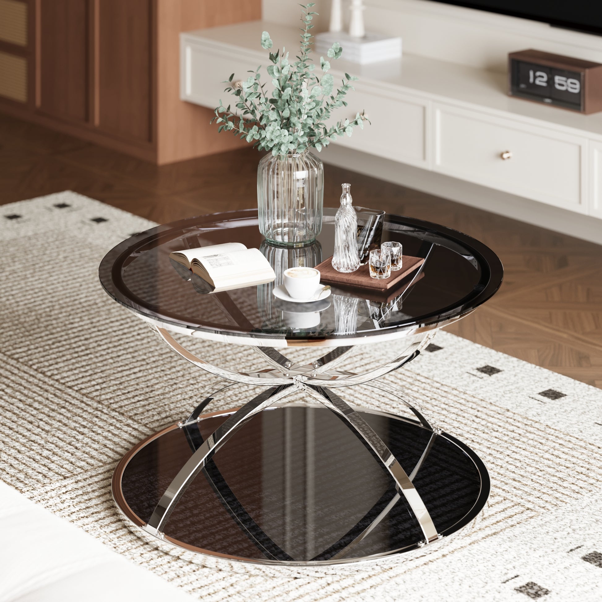 31.50'' Modern Glass Coffee Table with 2 Tiers, Ring-Shaped Frames, Chrome Finish and Gray Tempered Glass, Round Coffee Table for Living Room, Bedroom and Office, Silver image 3