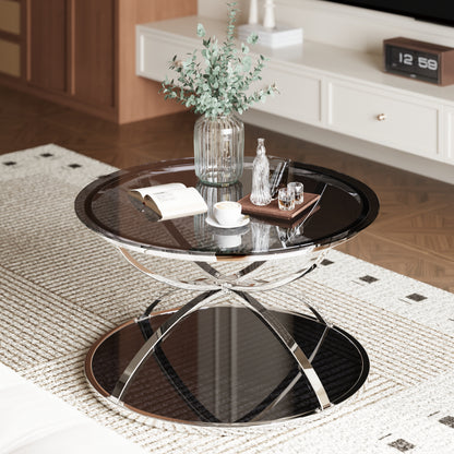 31.50'' Modern Glass Coffee Table with 2 Tiers, Ring-Shaped Frames, Chrome Finish and Gray Tempered Glass, Round Coffee Table for Living Room, Bedroom and Office, Silver image 3