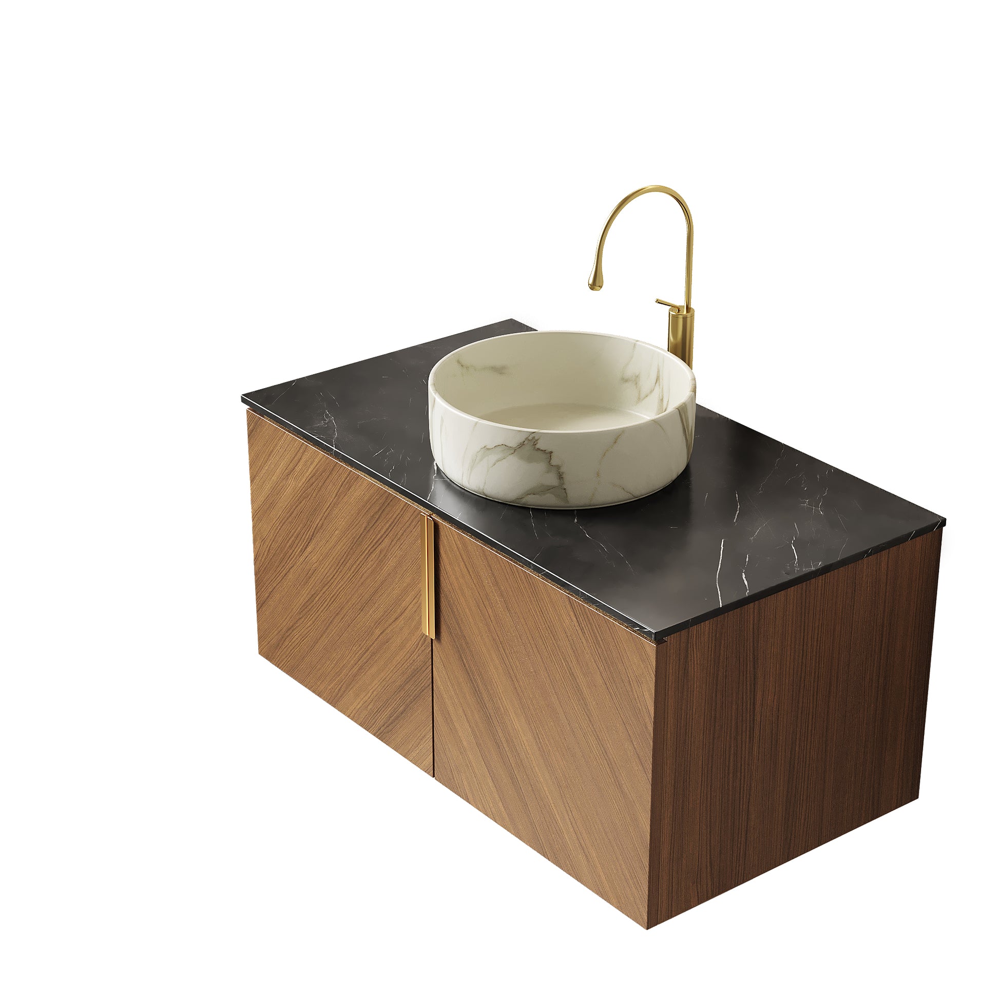 ARAI 36" Bathroom Vanity&Sink, Floating Plywood Bathroom Storage Cabinet with 2 Doors, Black Sintered Stone Countertop&White Round Ceramic Basin with Stone Pattern, Brown Oak Woodgrain Color (New SKU) image 4