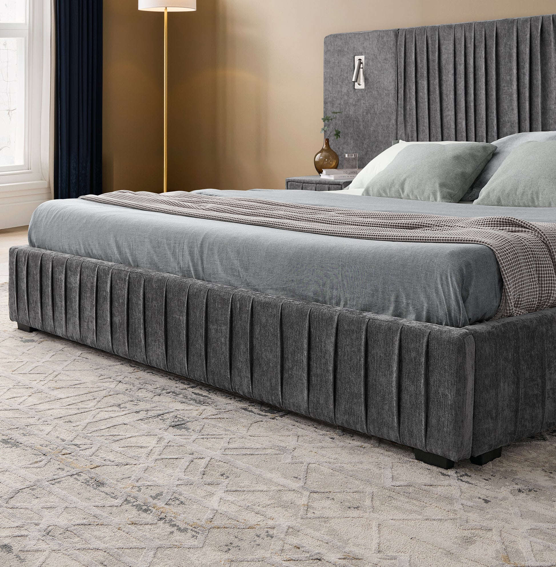 Queen Size Upholstered Bed Frame with Chenille fabric with pleated design,Grounded Queen Size Platform Bed with Headboard and Solid Frame and the bedside table.No Box Spring Needed-DARK GREY image 7