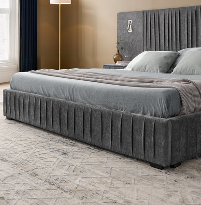Queen Size Upholstered Bed Frame with Chenille fabric with pleated design,Grounded Queen Size Platform Bed with Headboard and Solid Frame and the bedside table.No Box Spring Needed-DARK GREY image 7
