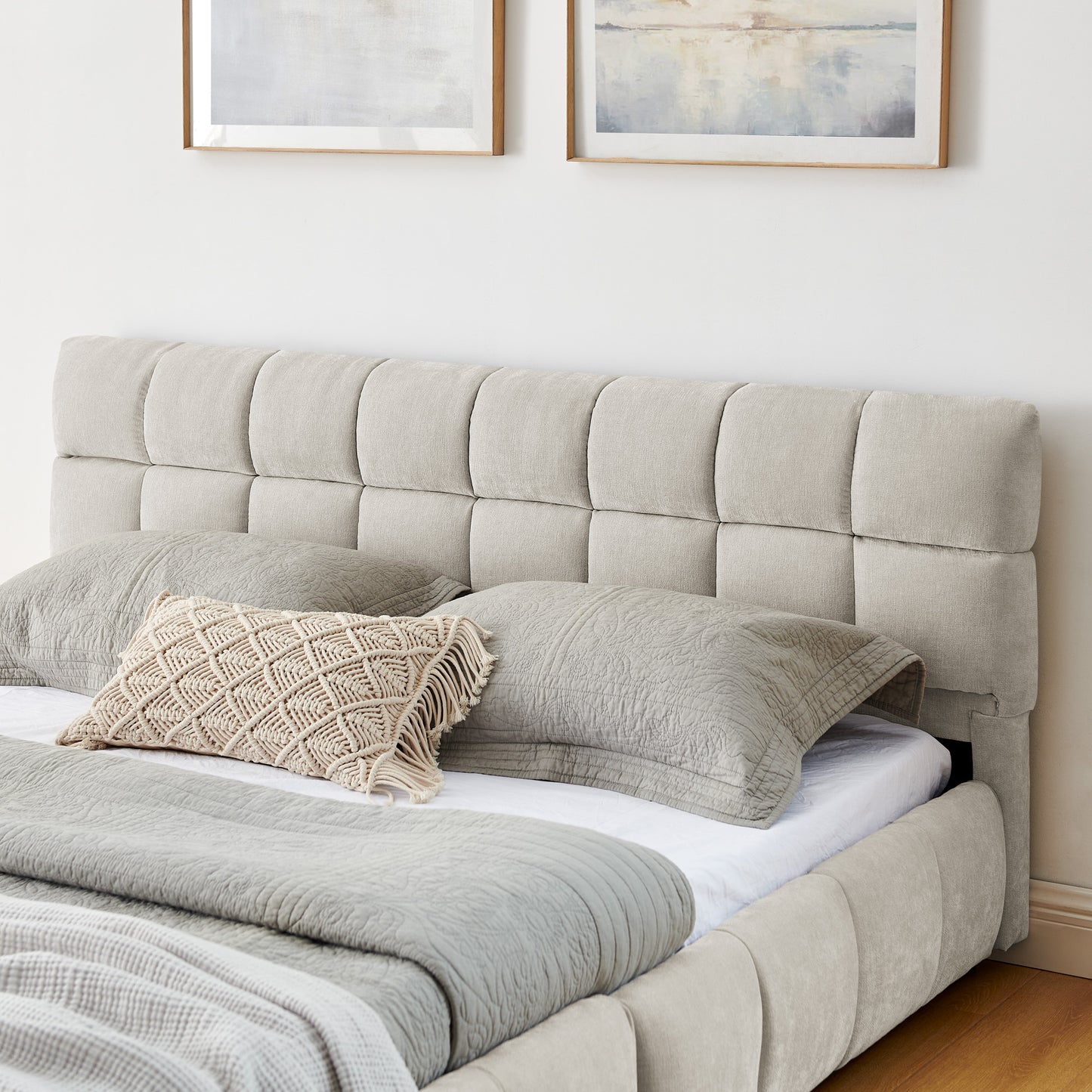 Queen Size Upholstered Bed,comfortable upholstered bed frame, Chenille fabric, with headboard and solid bed frame. With drawer for storage.-Beige(88.5''*68.5''*31'') image 7