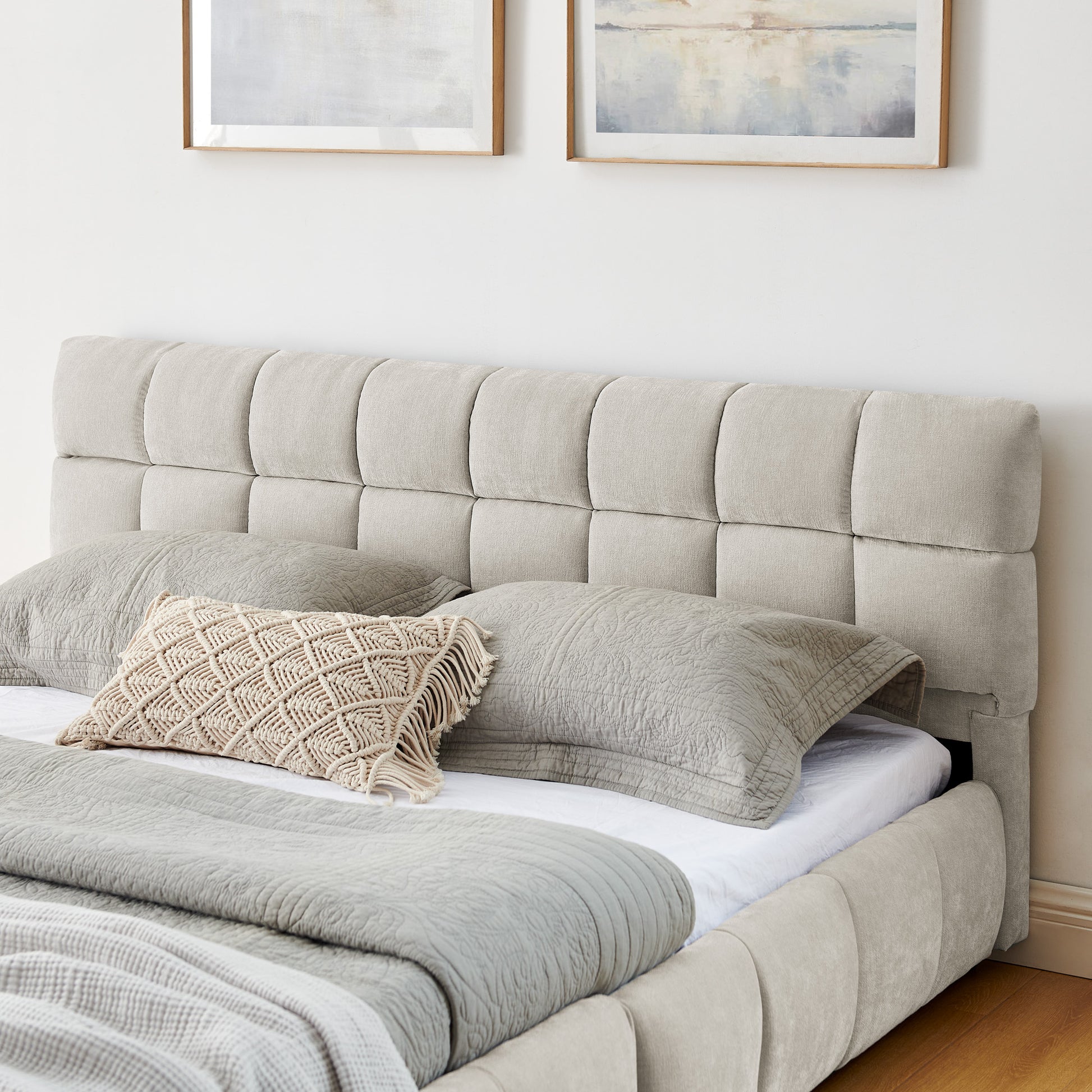 Queen Size Upholstered Bed,comfortable upholstered bed frame, Chenille fabric, with headboard and solid bed frame. With drawer for storage.-Beige(88.5''*68.5''*31'') image 7