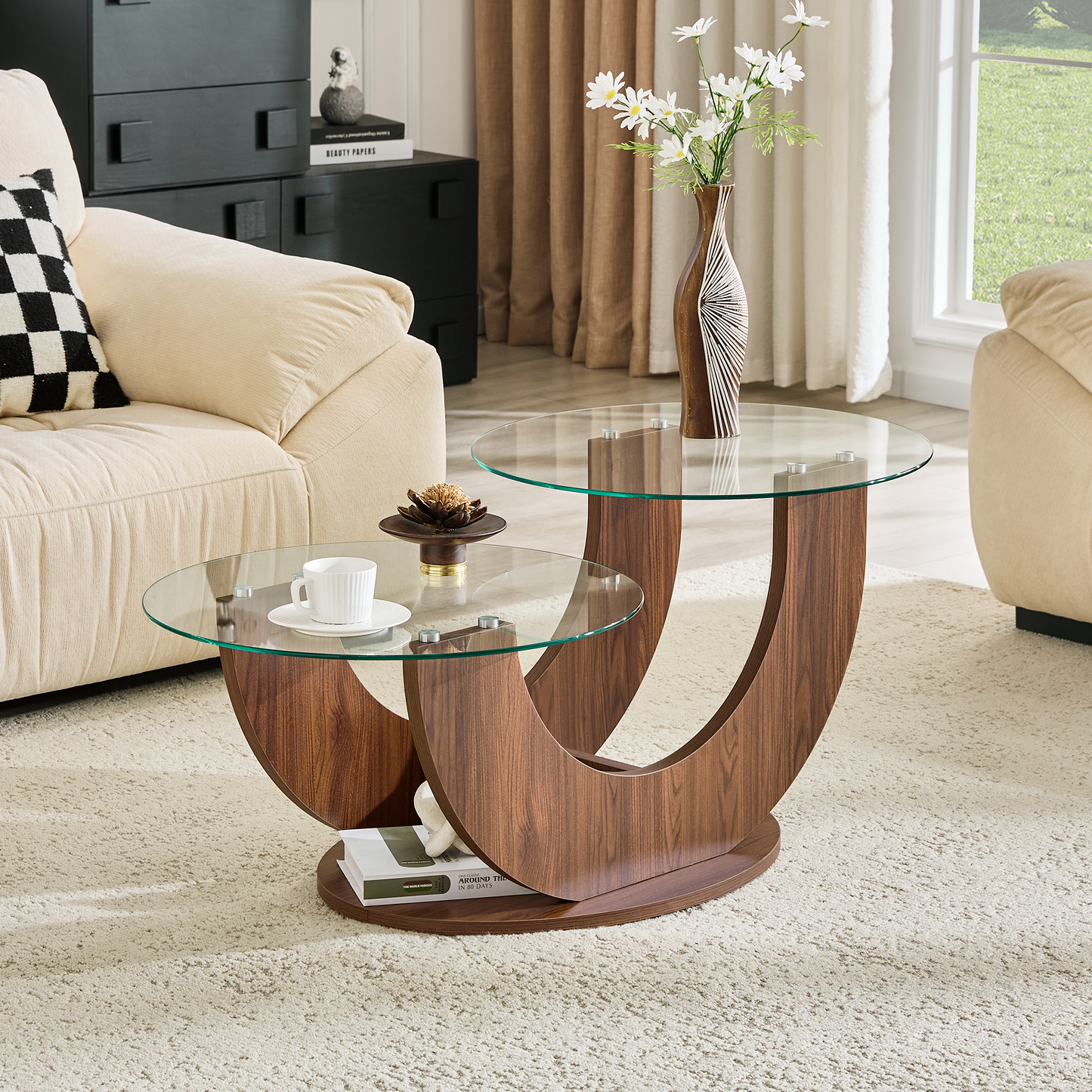 Creative U-Shaped Double-Tier Glass Coffee Table with Walnut MDF Base - top-down view showing glass tiers and storage space
