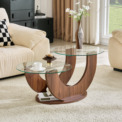 Creative U-Shaped Double-Tier Glass Coffee Table with Walnut MDF Base - top-down view showing glass tiers and storage space