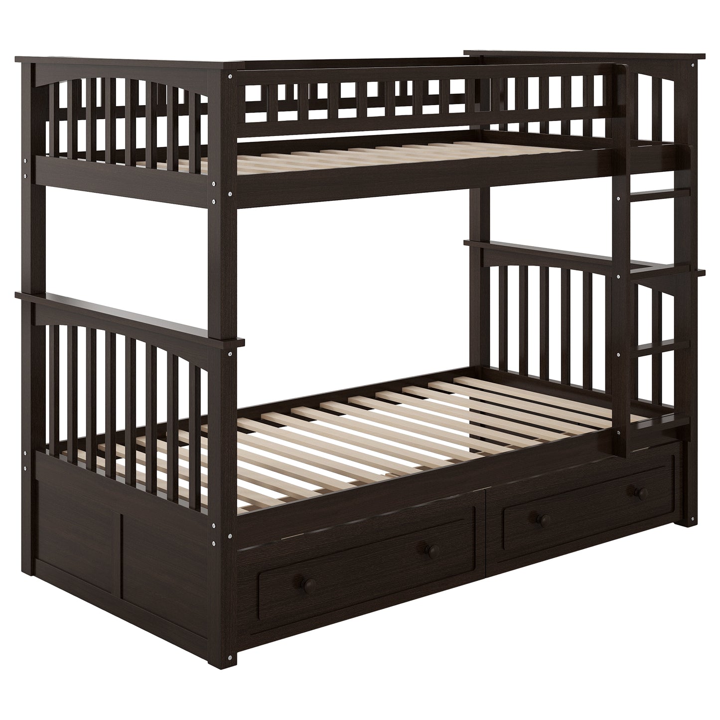 Twin over Twin Bunk Bed with Drawers, Convertible Beds, Espresso image 12