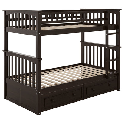 Twin over Twin Bunk Bed with Drawers, Convertible Beds, Espresso image 12