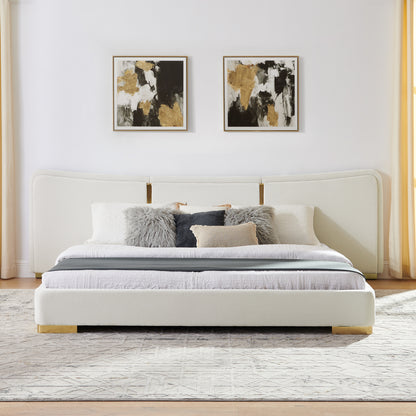 King Size Extra Large Platform Bed, Soft Chenille Fabric Frame, Curved Headboard, Reinforced Electroplated Metal Legs, Flexible DIY Side Space Design-Beige image 5