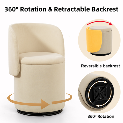 Decorative chair with storage, 360° rotating corduroy vanity & dining chair, soft padded seat, free cat bed stool included, beige, ideal for bedroom, dressing room and living room. image 5