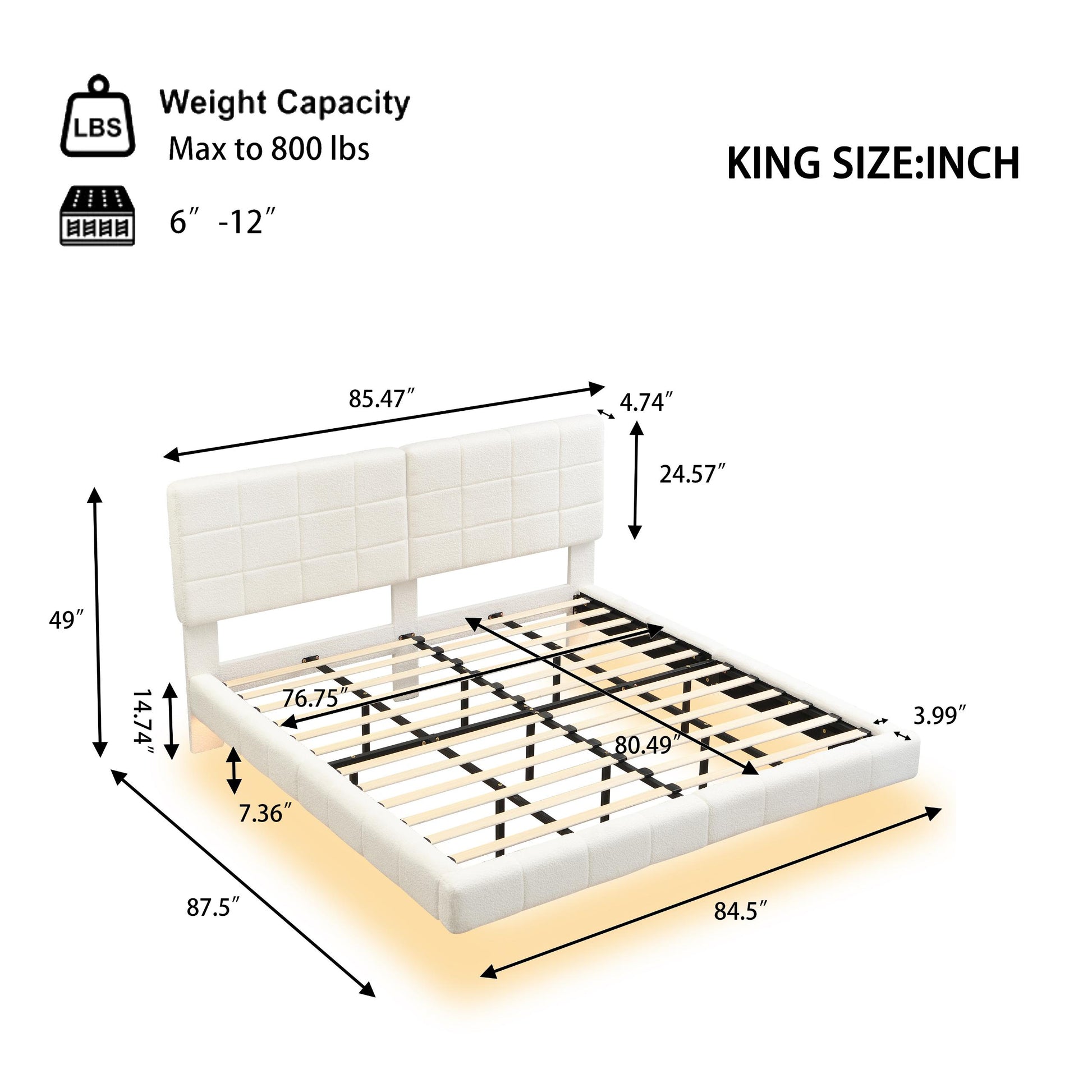 White Boucle Floating Bed with Light,King image 10
