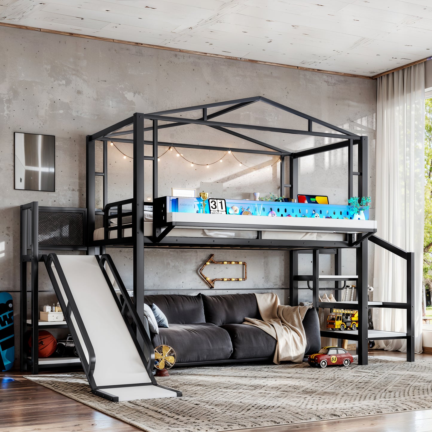 Twin Size Loft Bed with Storage Stairs, Shelves and Built-in Wardrobe, Metal Loft Bed Frame with USB Ports and LED Lights, Noise-reduced Design, Black image 2