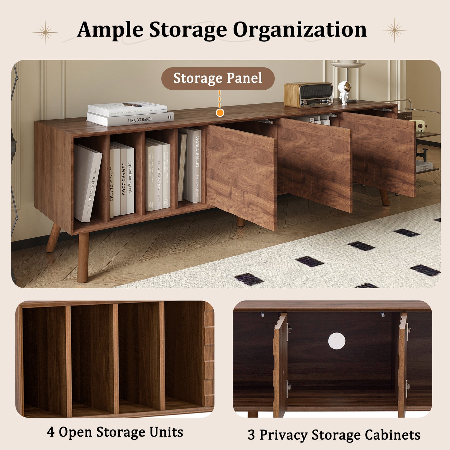 68" Mid-Century Modern TV Stand, Media Console Table for TVs up to 75'', Entertainment Center with 5 Solid Wood Legs for Living Room, Bedroom image 5