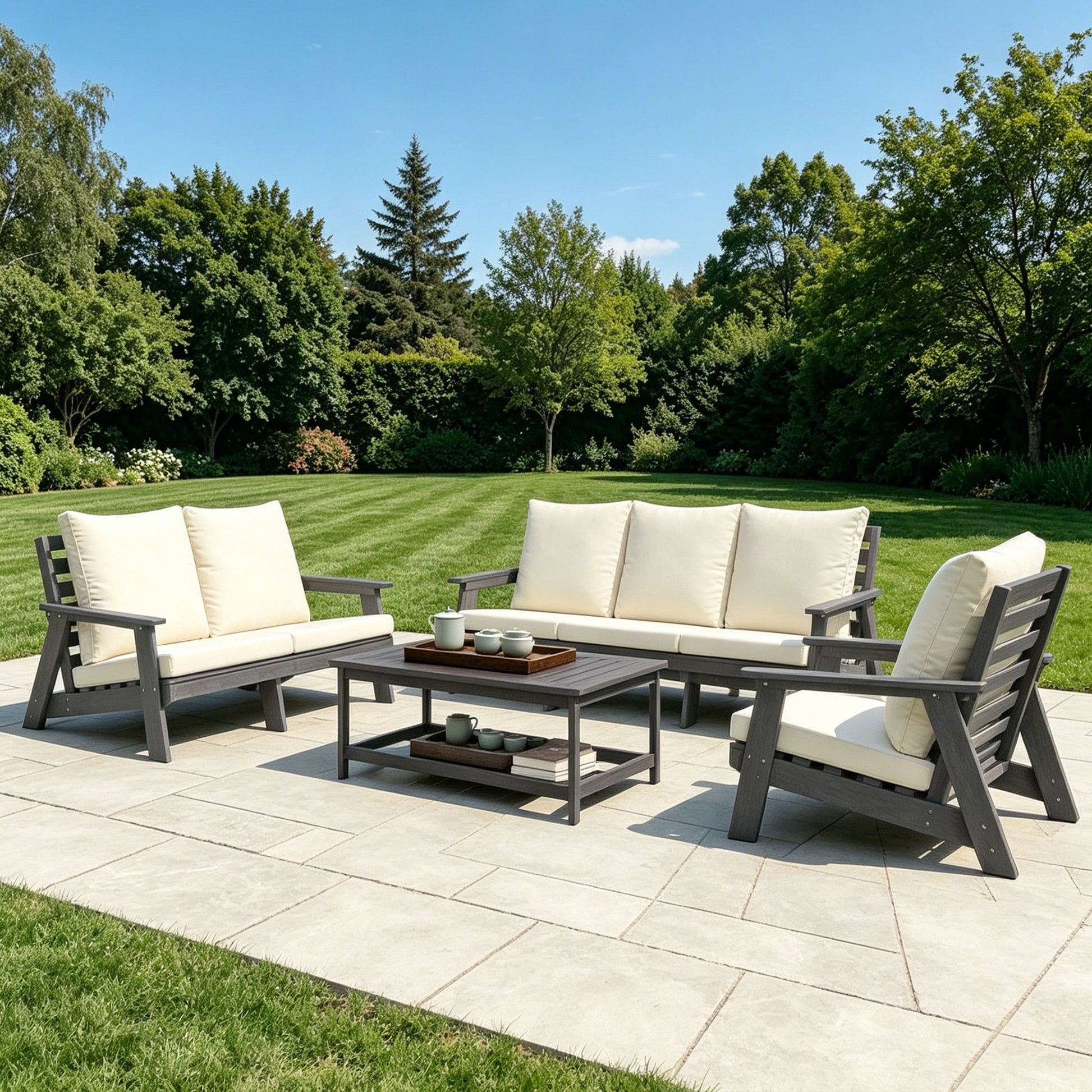 HIPS 3 Seater Sofa with Cushion, Outdoor Garden Sofa, Sofa Set for Porch, Poolside, Terrace, and Yard Grey/Beige image 11