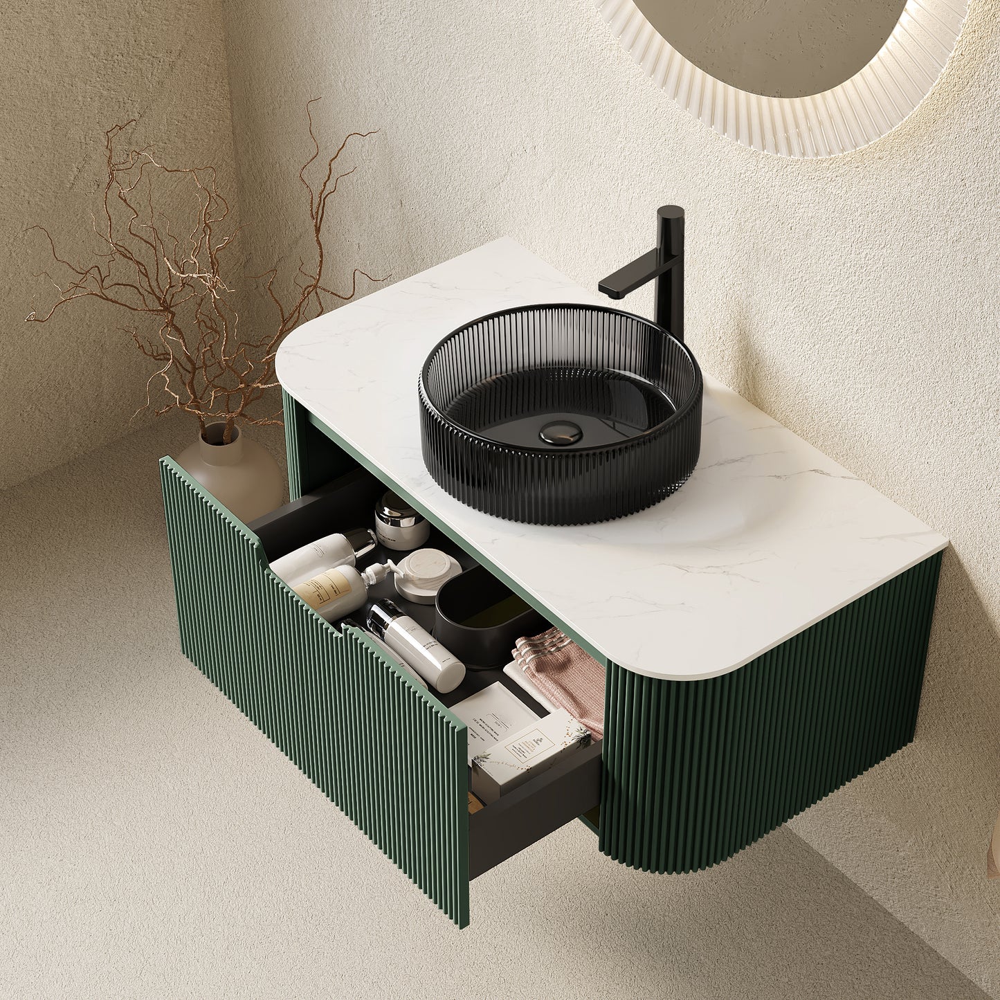 DINA 36" Bathroom Vanity&Sink,Floating Curved Edges Striped Storage Plywood Bathroom Cabinet with Drawer,Transparent Black Round Crystal Glass Basin&Sintered Stone Top,Pre-assembled,Dark Green Color image 2