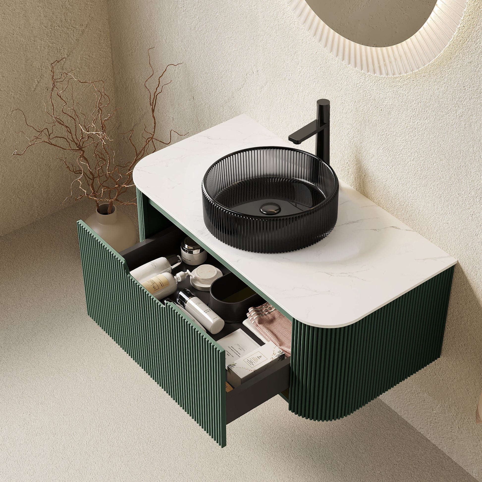 DINA 36" Bathroom Vanity&Sink,Floating Curved Edges Striped Storage Plywood Bathroom Cabinet with Drawer,Transparent Black Round Crystal Glass Basin&Sintered Stone Top,Pre-assembled,Dark Green Color image 2