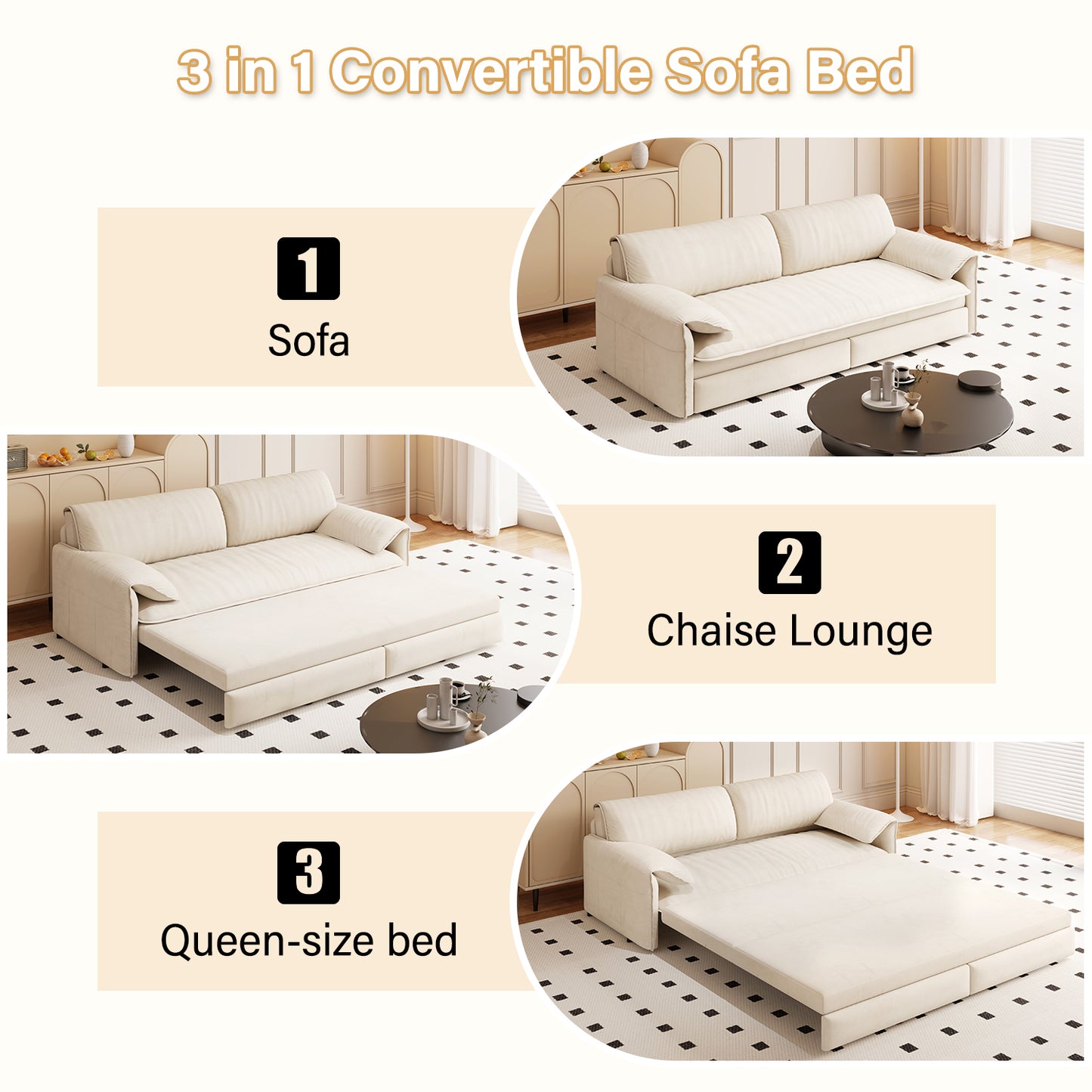 66" Queen Pull Out Sofa Bed, 3-in-1 Convertible Sleeper Sofa with Side Storage,Multi-Functional Velvet Loveseat Bed for Living Room(Old Sku:W1885S00043/W1885S00113/W1885S00186/W1885S00221) image 9